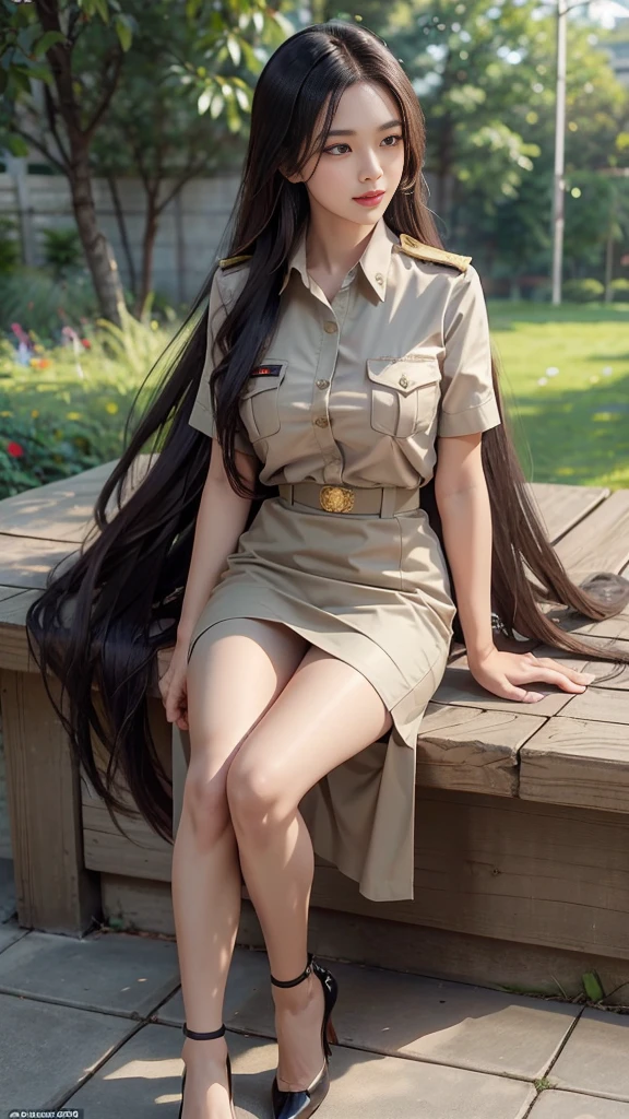 Khaki suit, khaki civil servant, Thai teacher uniform:1.3, Beautiful girl with extra long hair, Two meter long hair, Long hair that catches the eye, long black hair, Her hair is very long., Long, shiny hair, Long, thick, soft hair, Extra long hair, Dynamic posts, like full body, Short sleeve shirtสีกากี, short pencil skirtสีกากี, side cut, Decorated with military insignia., black high heels, The sexiest, small waist, hips raised, small thighs, Long legs, Huge breasts, Huge breasts:1.5, big breast, Very big breasts, Eye-catching breasts, A gigantic rift, Not completely covered, big breast, Huge breast, Big tits D, สาวTwo meter long hair, Beautiful face, red lips, Very shiny, แต่งBeautiful face, Military rank insignia, short pencil skirt, tight, Short sleeve shirt, tight fitting, in the background, blurred garden. ultra short skirt,