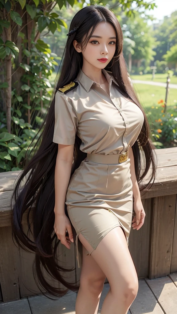 Khaki suit, khaki civil servant, Thai teacher uniform:1.3, Beautiful girl with extra long hair, Two meter long hair, Long hair that catches the eye, long black hair, Her hair is very long., Long, shiny hair, Long, thick, soft hair, Extra long hair, Dynamic posts, like full body, Short sleeve shirtสีกากี, short pencil skirtสีกากี, side cut, Decorated with military insignia., black high heels, The sexiest, small waist, hips raised, small thighs, Long legs, Huge breasts, Huge breasts:1.5, big breast, Very big breasts, Eye-catching breasts, A gigantic rift, Not completely covered, big breast, Huge breast, Big tits D, สาวTwo meter long hair, Beautiful face, red lips, Very shiny, แต่งBeautiful face, Military rank insignia, short pencil skirt, tight, Short sleeve shirt, tight fitting, in the background, blurred garden. ultra short skirt,