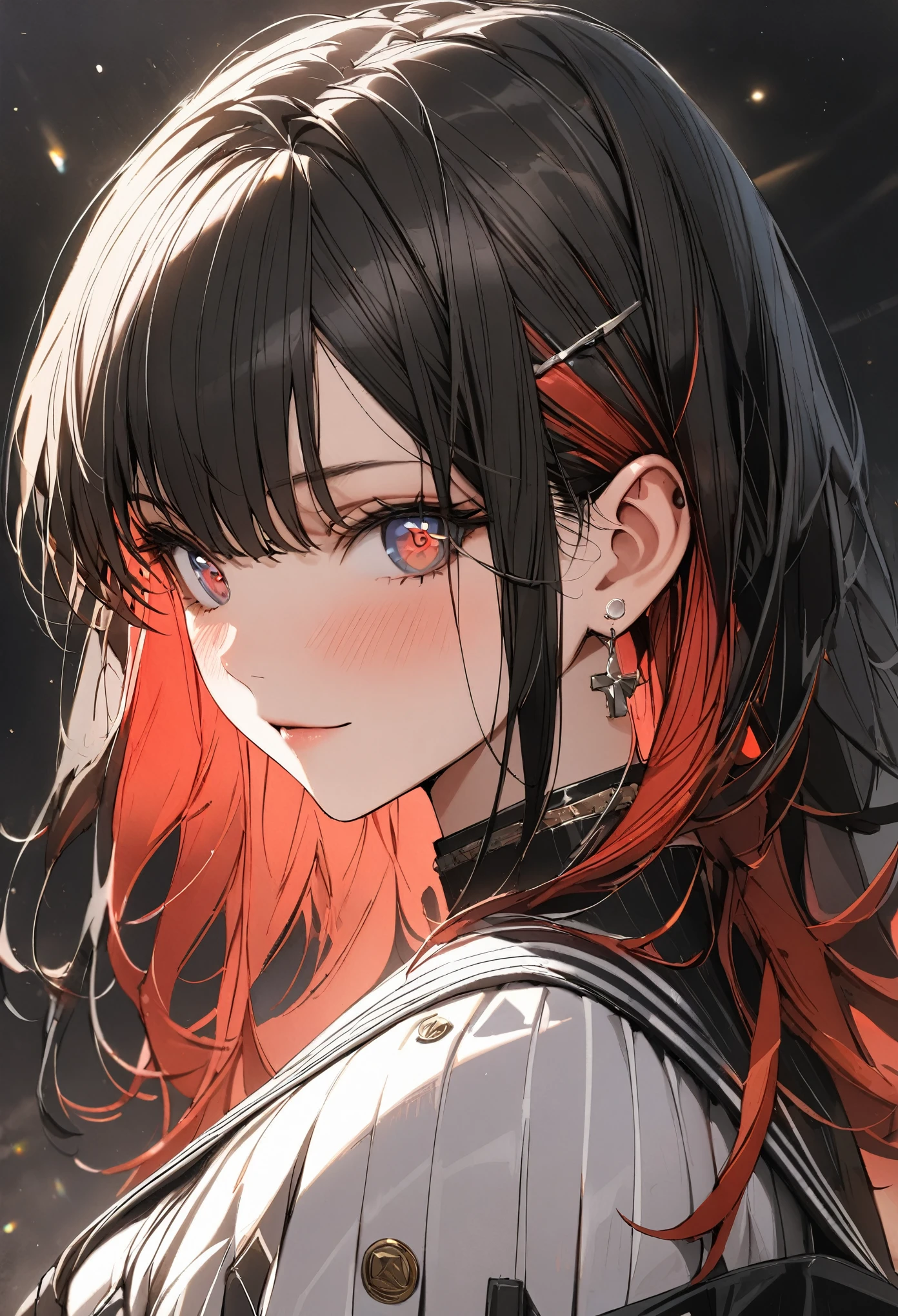 1girl, multicolored hair, colored inner hair, black hair, red hair, blue hair, green hair, symbol-shaped pupils, super detail, high details, high quality, award winning, best quality, highres
