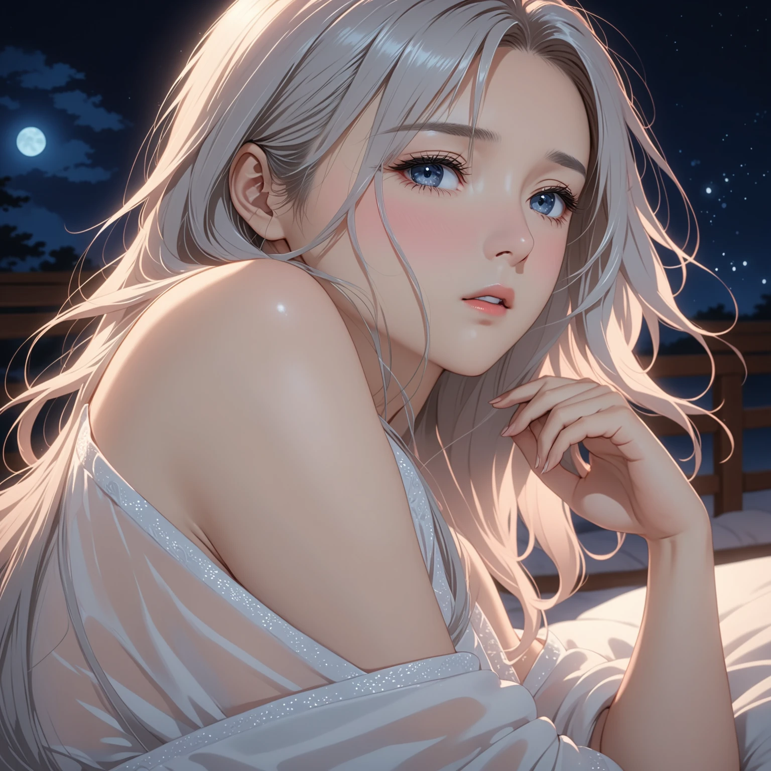 masterpiece, High resolution, illustration, kyoto animation style, cinematic style, night, midnight, Light, (1 female: 1.3), (alone: 1.4), long eyelashes, long hair, hair blowing, nose blushing, futon, sexy, sensual, transparent nightdress, mid breasts, face close-up, hide with hands, full gorgeous body view.