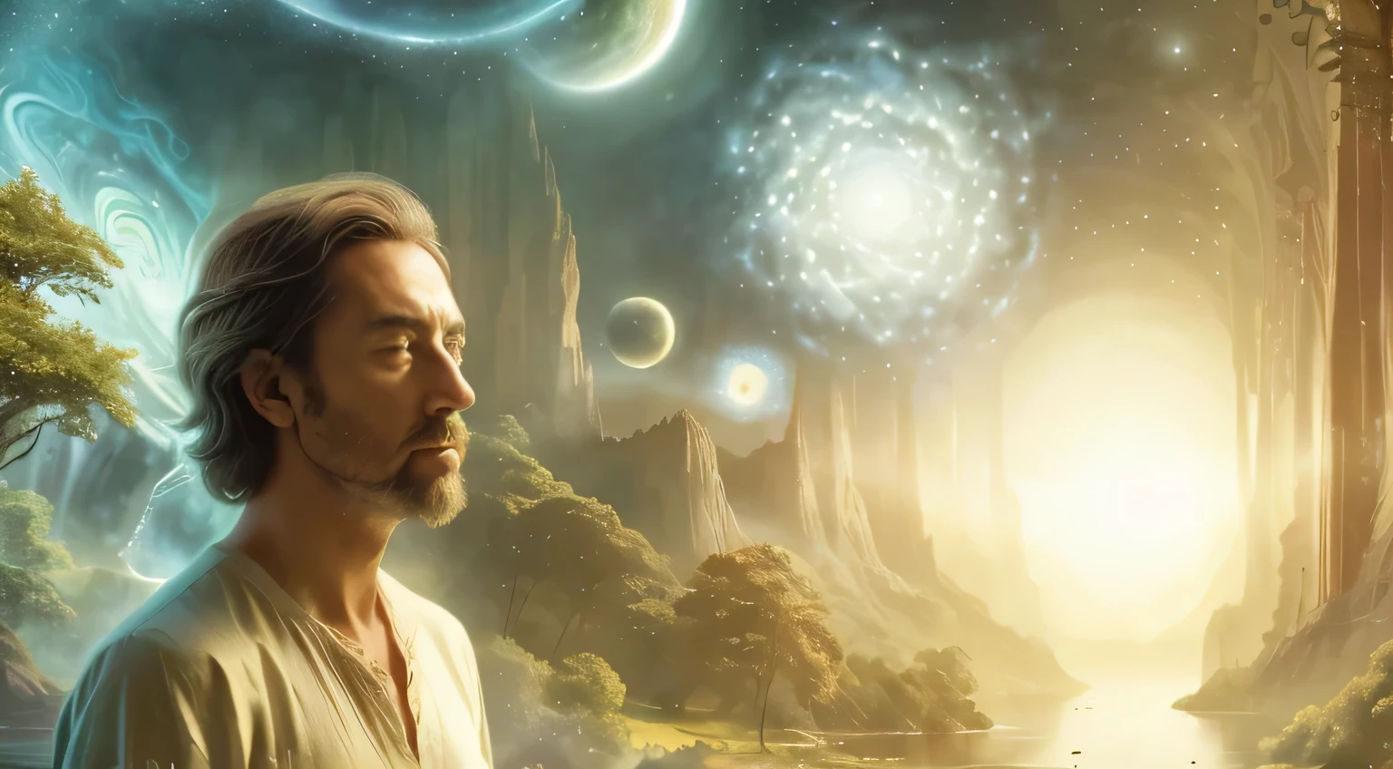 a man standing in front of a painting of a river and trees, sua mente contemplando a eternidade, o Criador do universo, significado da vida no universo, Alan Watts, amazing wallpaper, inspired por Johfra Bosschart, o criador da terra, por Alexander Kucharsky, por Johfra Bosschart, spiritual evolution, universos ascendentes, o multiverso do meio da jornada