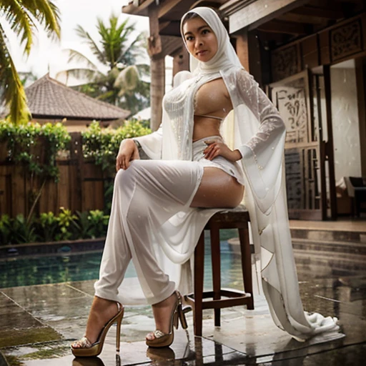 Hijab, Javanese face, , skinny, heigh, slim body, huge wide waist, super huge buttocks, high heels, (perfect beautiful hyper_realistic detailed all front body, wet_milk_skin), wearing clear gamis, super tight kebaya, slack down breast, droopiest gigantic big breast