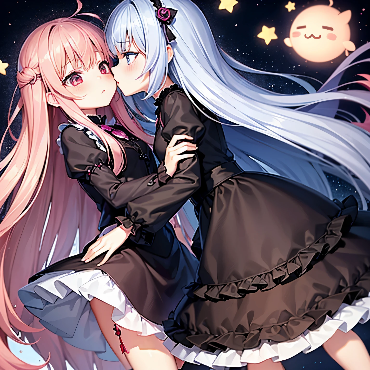 2girls, hugging eachother, , , (, from front view), (blushing:1.3), (boobs on boobs), , masterpiece, highest quality, 8k, silver red hair, sfw, confident look, blackout sky stars background, Prince dress, red hair, dark blue eyes, looking at viewer