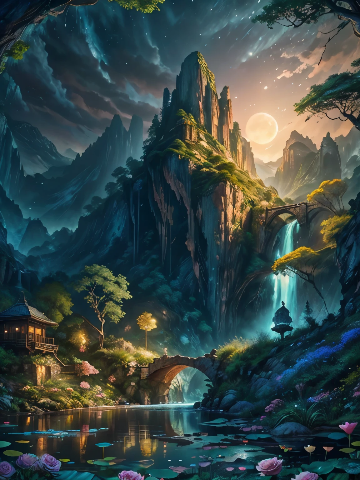 There is a huge waterfall in the middle of a mountain, ancient city embedded in mountain rocks, epic matte painting of an island, the Lost City of Atlantis. sunset, dark sky with red sunset clouds, huge full moon behind the mountain, fog in the forest, waterfall flows into a pond, pond with a garden, flowers and water lily in a pond, rock bridge, epic landscape, oil painting art, watercolor art, lantern in the pond, ancient city blurred on mountain in the distance, fantasy, trend in artstation, trend in CGSociety, intricate, high detail, dramatic, art mid-journey, tall aguafall, painting of a river with rocks and trees in the foreground , near a river, landscape, jungle, aguafall, crystal clear water, night light, ((full moon)), colorful, river with rocks, rock bridge, epic, Fantasy, ((roses and flowers on the banks of the pond) ), ((Oil painting)), moon landscape reflected in river, ((rock bridge))