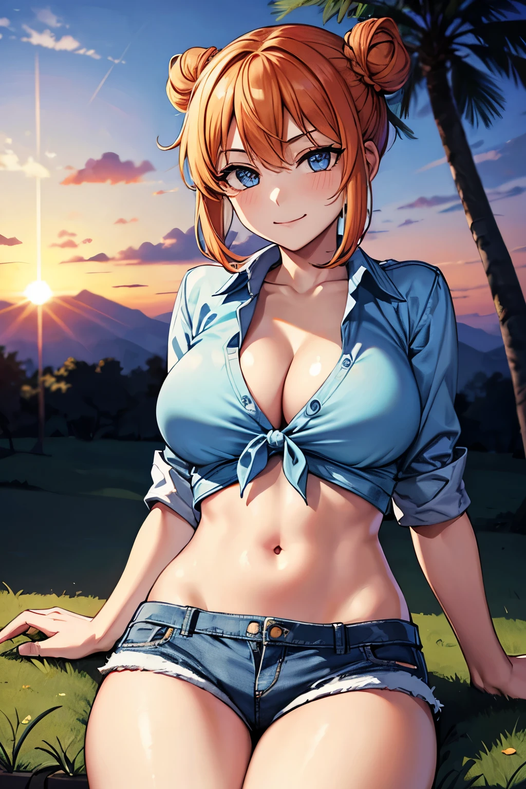 (masterpiece), best quality, expressive eyes, perfect face, 1girl, solo, tomboy, mature female, big breasts, short hair, Cleavage, orange hair BREAK hair buns, double buns, blue eyes BREAK white bikini BREAK denim shorts, sunset sky, palmtree, grass, landscape, sitting on grass, smile, closed mouth, looking at viewer