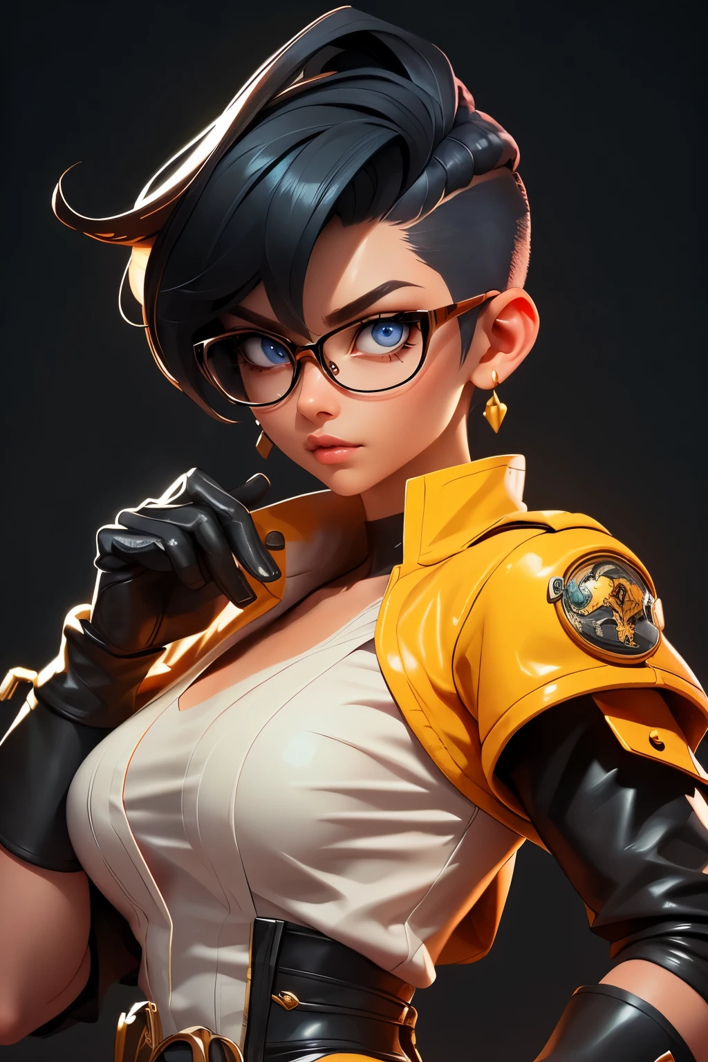 Wide angle shot, beautiful female street fighter, wearing large glasses, black undercut hair, wearing large iron gloves