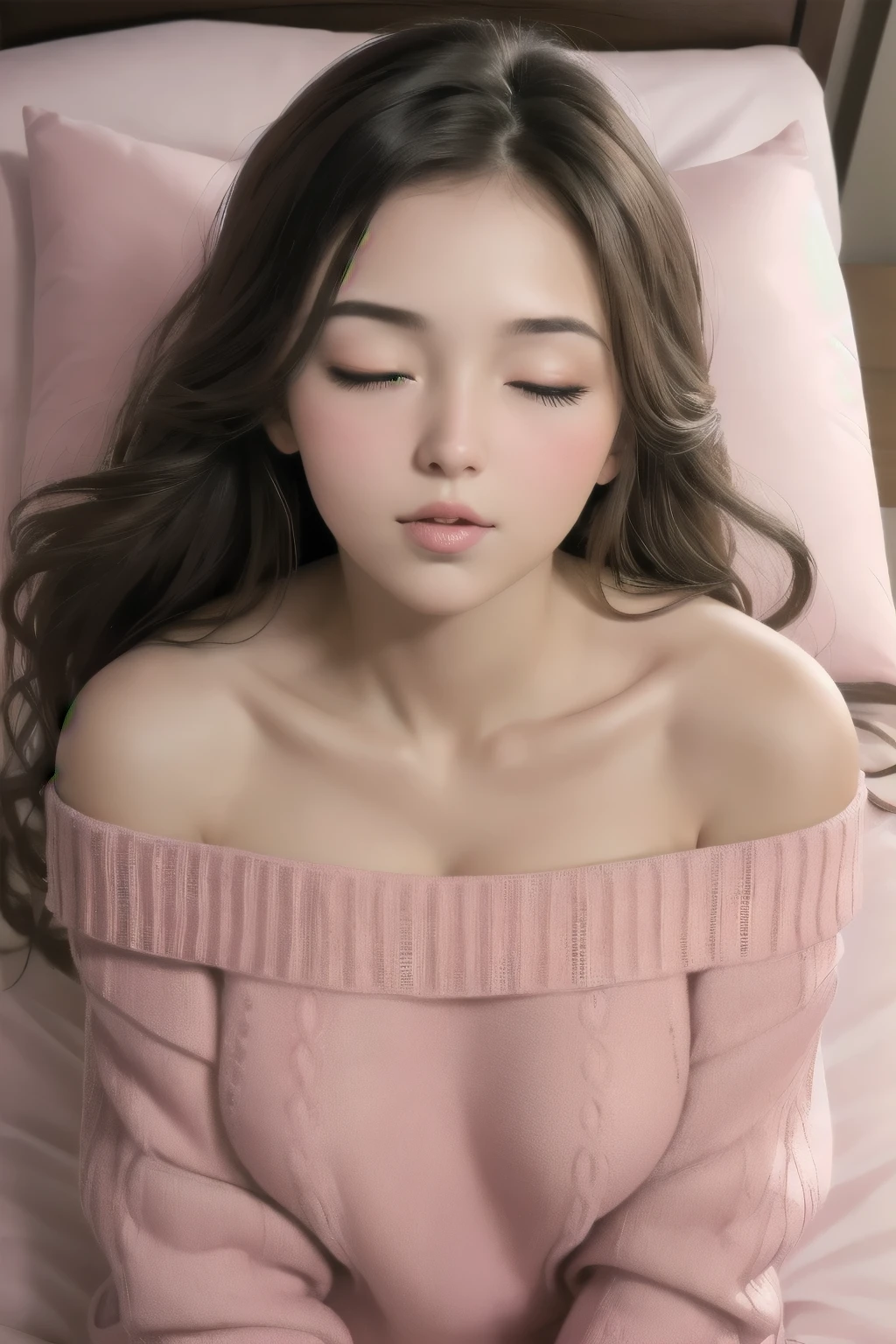 Sexy woman, eyes closed, mouth open, very deep blush, tip of the nose is red, long neck, off shoulder pink sweater, medium chest, visible cleavage, bedroom, warm lighting , lying on bed, head on pillow, facing up 