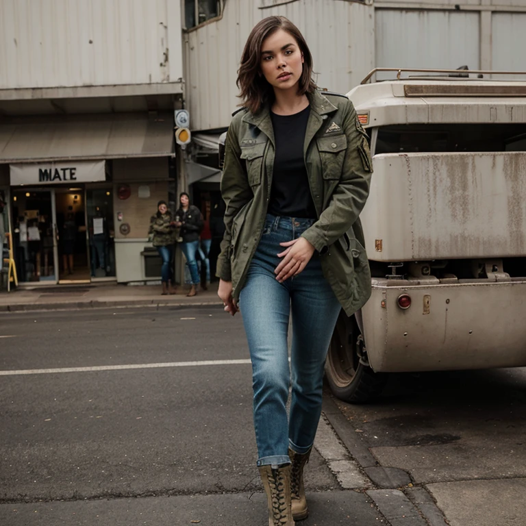 Lauren Cohan dressed in military jacket and jeans with boots