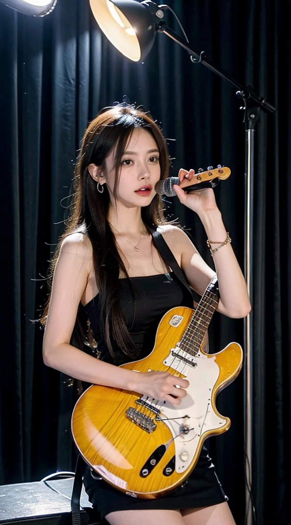 (8k, raw photos, best quality, performanceชิ้นเอก:1.2),(realistic, Realistic photos:1.37),Photon mapping,professional lighting,radio city,1 girl,alone,long_hair,(bracelet:1.1),(long legs:1.2),(earring:1.1),Physical rendering,stage,performance,sit down,An extraordinary electric guitar,bass,rift,concert,stage,lamp,Spotlights,Headlight