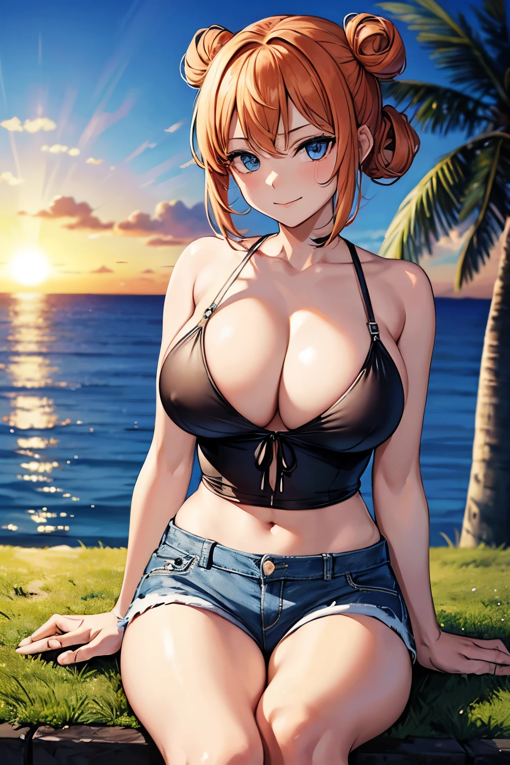 (masterpiece), best quality, expressive eyes, perfect face, 1girl, solo, tomboy, mature female, big breasts, short hair, Cleavage, orange hair BREAK hair buns, double buns, blue eyes BREAK white bikini BREAK denim shorts, sunset sky, palmtree, grass, landscape, sitting on grass, smile, closed mouth, looking at viewer