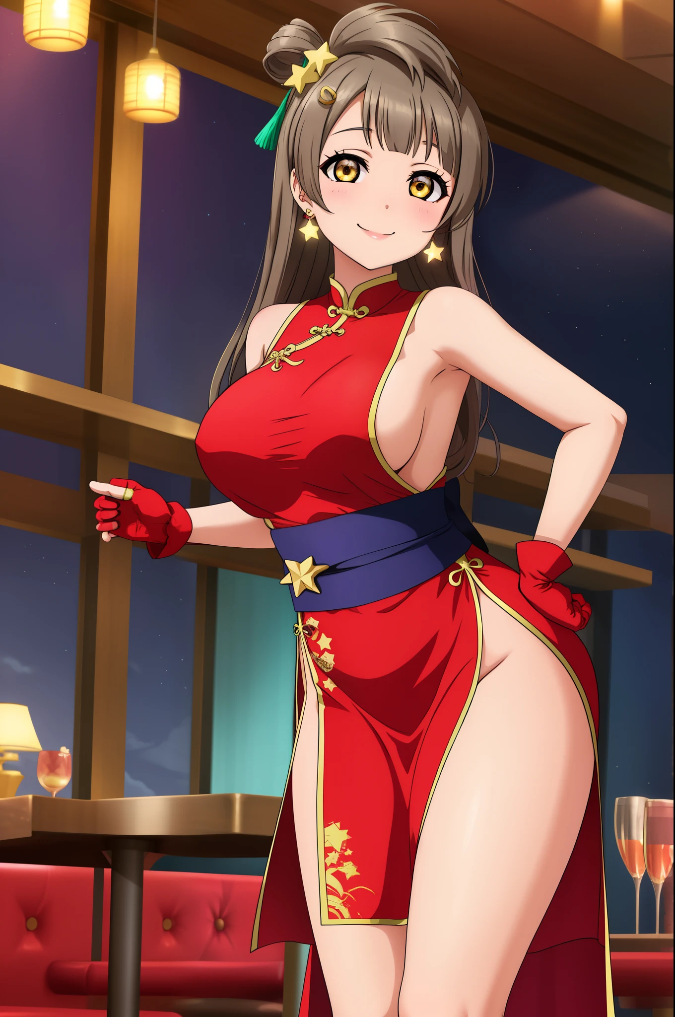 Minami kotori, cowboy shot,solo, breasts, looking_at_viewer, smile, large_breasts, gloves, dress, bare_shoulders, jewelry, standing, thighs, earrings, shorts, sleeveless, alternate_costume, fingerless_gloves, bent over, star_(symbol), hands on hips, sash, v, sideboob, makeup, halterneck, chinese_clothes, short_dress, red_dress, brooch, gem, side_slit, star_hair_ornament, purple_gloves, star_earrings,in restaurant , bottomless ,thicc thighs