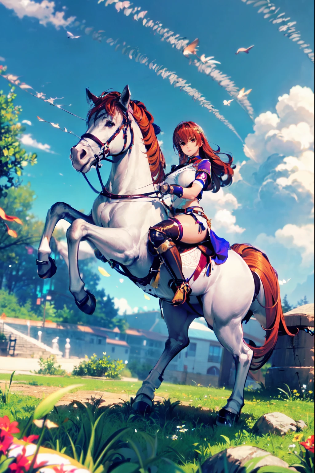 4k, masterpiece, solo, long hair, straight hair, between eyes bangs, {red hair}, brown eyes, large breast, riding on a white horse, (white horse: 1.0, bridle, saddle, stir ups, reins: 1.2), grass land,(warrior armor, pink miniskirt, white boots), anatomically correct,