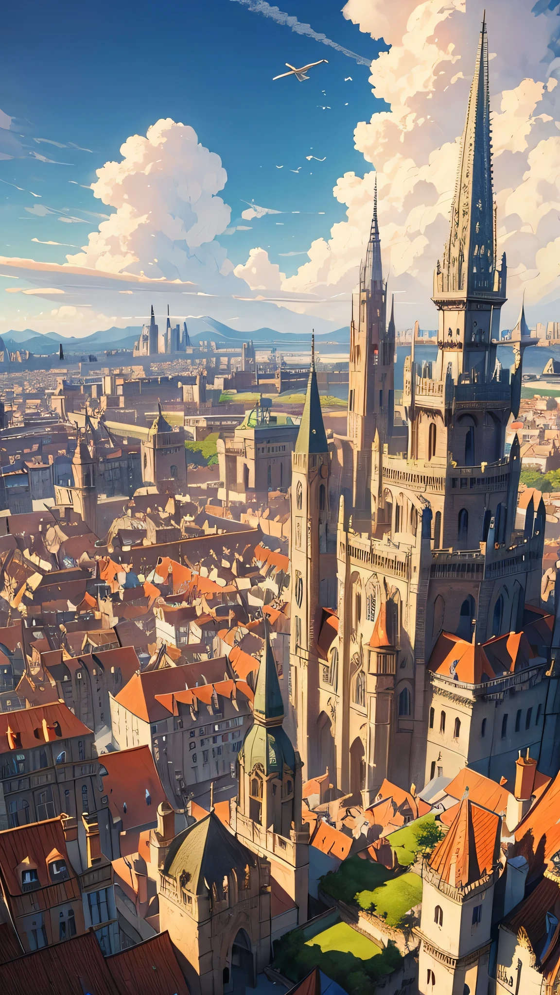 Aerial view of a sprawling medieval fantasy cityscape with majestic palaces, bustling markets, intricate buildings, and charming houses set against a backdrop of fluffy clouds and a clear blue sky. Vertical orientation, detailed illustration, high stylization. a traveler looks at the city from the top of the hill