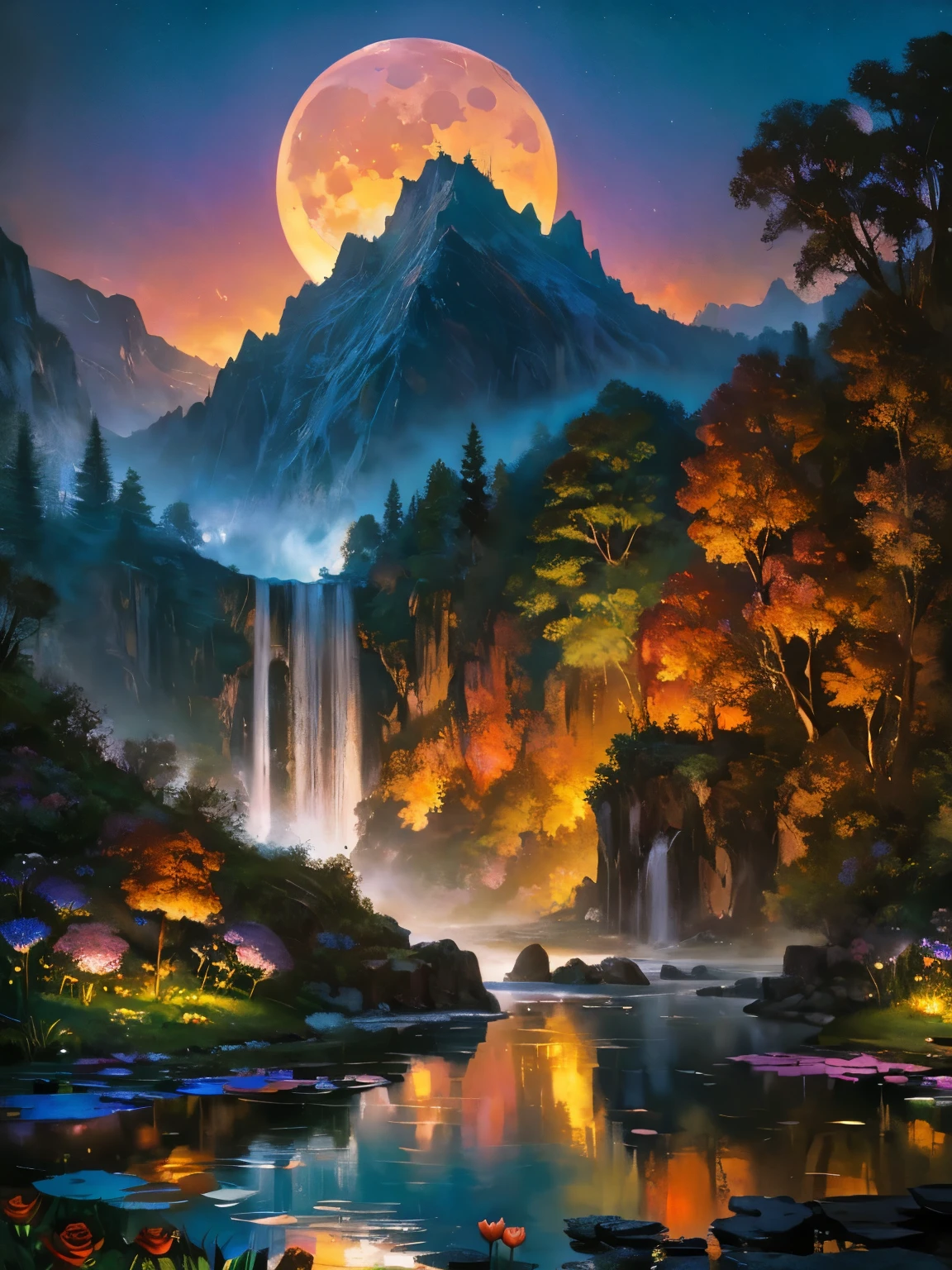 There is a huge waterfall in the middle of a mountain, ancient city embedded in mountain rocks, epic matte painting of an island, the Lost City of Atlantis. sunset, dark sky with red sunset clouds, huge full moon behind the mountain, fog in the forest, waterfall flows into a pond, pond with a garden, flowers and water lily in a pond, rock bridge, epic landscape, oil painting art, watercolor art, lantern in the pond, ancient city blurred on mountain in the distance, fantasy, trend in artstation, trend in CGSociety, intricate, high detail, dramatic, art mid-journey, tall aguafall, painting of a river with rocks and trees in the foreground , near a river, landscape, jungle, aguafall, crystal clear water, night light, ((full moon)), colorful, river with rocks, rock bridge, epic, Fantasy, ((roses and flowers on the banks of the pond) ), ((Oil painting)), moon landscape reflected in river, ((rock bridge))