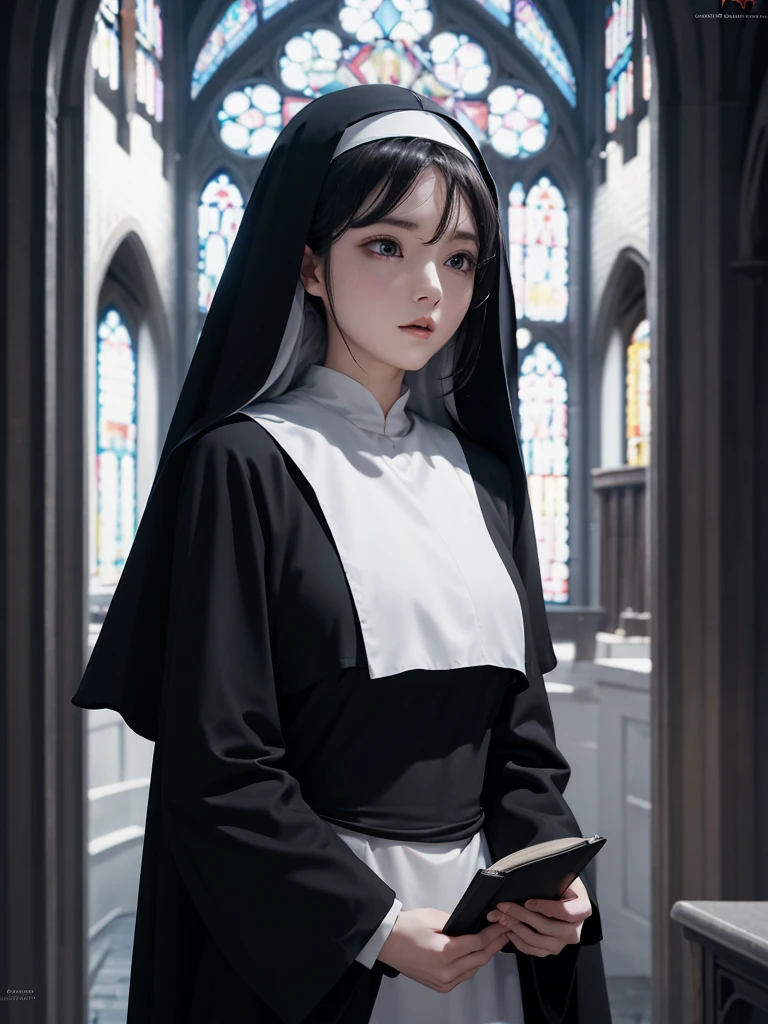 Sexy nun black robe,church background,The face holding the Bible and studying it in detail,The delicate eyes are ethereal and dreamy,gentle,HD ultra-detail,best quality,Super detailed,Actual lighting art visual effects movie scene lighting effects master works