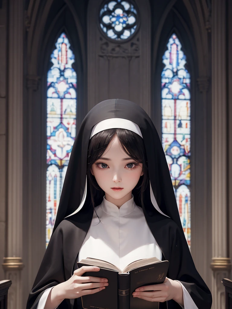 Sexy nun black robe,church background,The face holding the Bible and studying it in detail,The delicate eyes are ethereal and dreamy,gentle,HD ultra-detail,best quality,Super detailed,Actual lighting art visual effects movie scene lighting effects master works