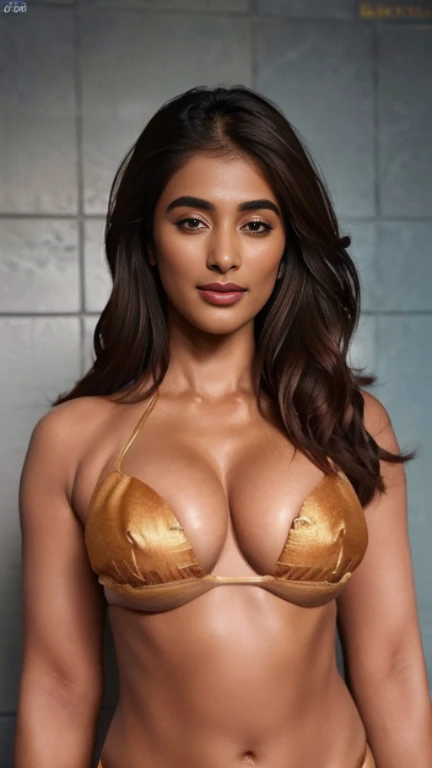 (portrait photo), ((best quality)), masterpiece, 8k wallpaper, nikon, cinematic lighting, medium hair, ((blue iris)), (photorealistic:1.4), (pooja hegde), (as a super woman), (deep cleavage and navel), ((bikini)),((trimmed eyebrow))