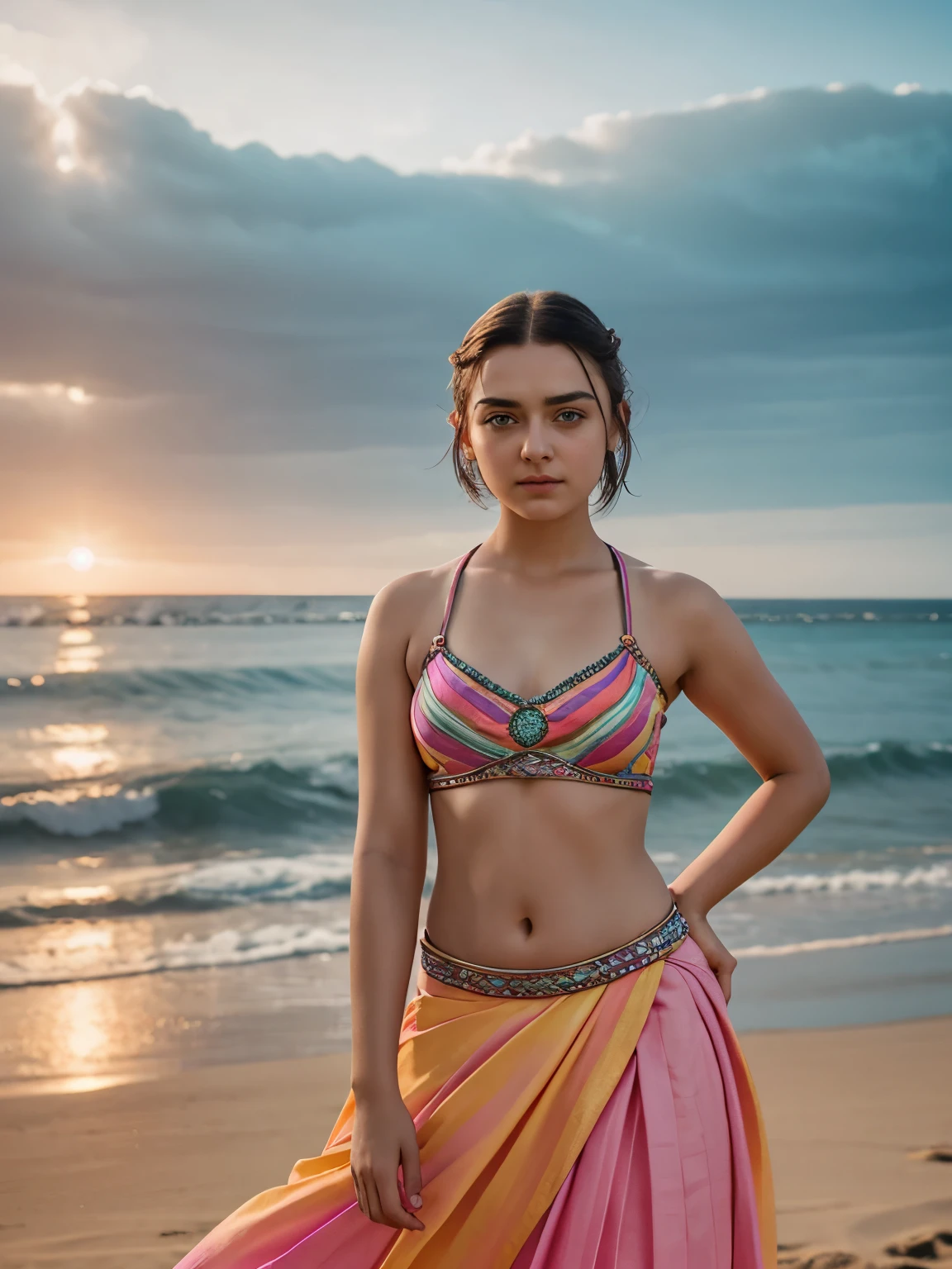 Arya Stark (highly detailed face), eyes symmetry, face symmetry, in the beach, smirking, playful teasing sassy poses for adults only magazine, (wearing vibrant color trendy designer choli long skirt), round deep navel, evening sky, wave tides, HDR, hyper realistic