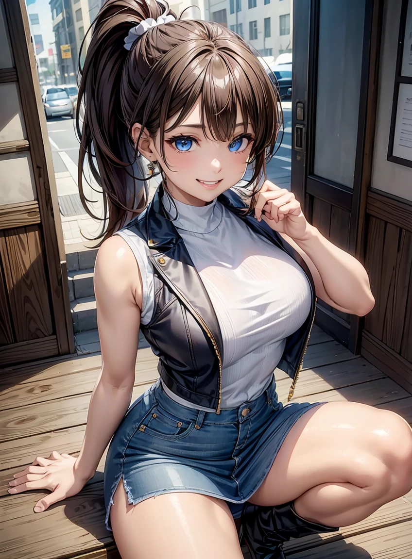 beautiful features、Japanese、brown hair、((ponytail、deep blue eyes:1.2))、shiny smooth hair, thick bangs、(smile showing white teeth:1.2), highly detailed eyes, highest quality, ultra high resolution, Beautiful and vivid illustrations、Ultra-realistic oily and shiny skin, Super fine, High resolution CG Unity 8K wallpaper, Raw photo, precise fingers, anatomically correct, Sleeveless jacket、pencil skirt、Denim look、boots、sit on the stairulti-tenant building、