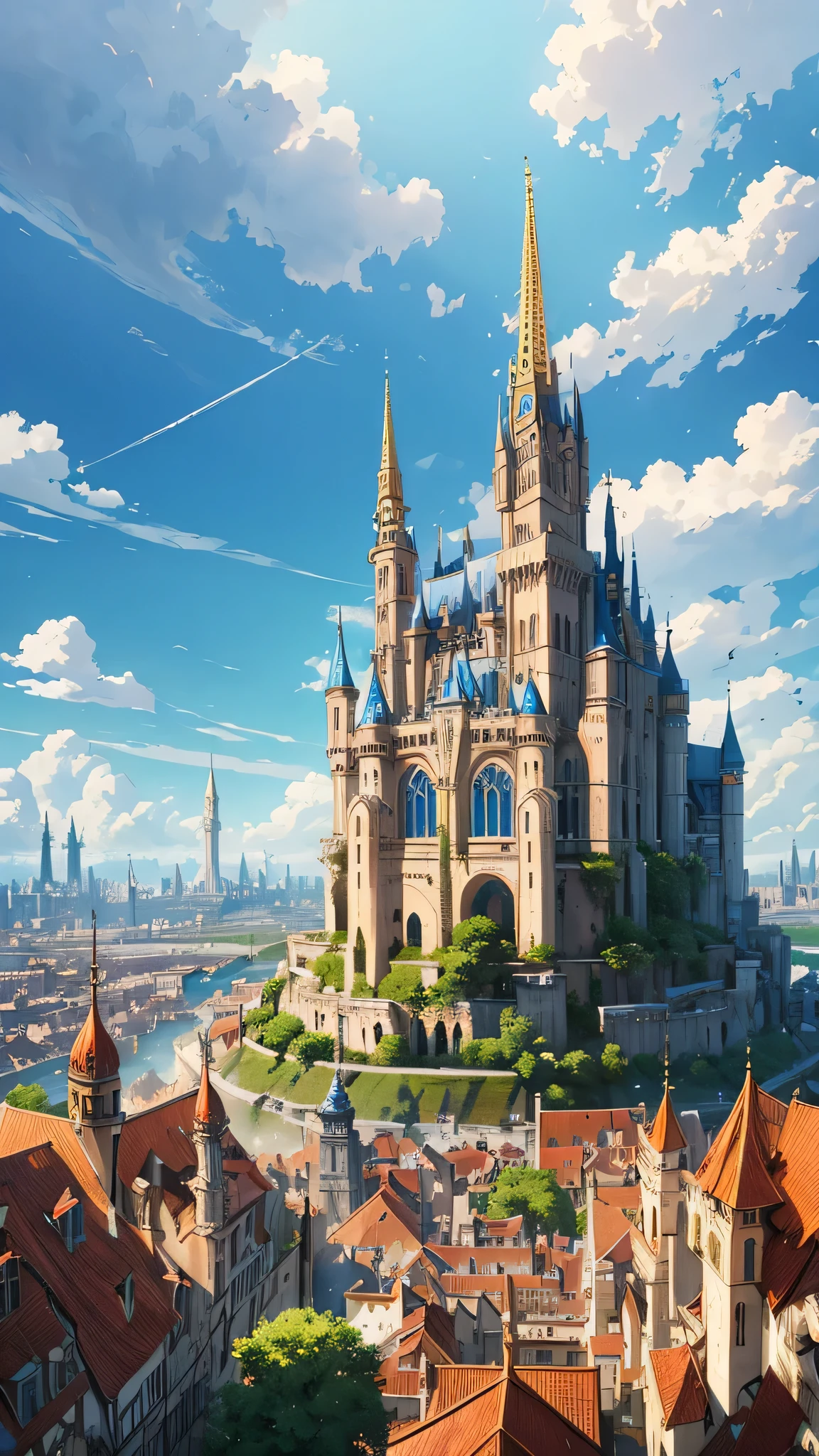 Aerial view of a sprawling medieval fantasy cityscape with majestic palaces, bustling markets, intricate buildings, and charming houses set against a backdrop of fluffy clouds and a clear blue sky. Vertical orientation, detailed illustration, high stylization. a traveler looks at the city from the top of the hill