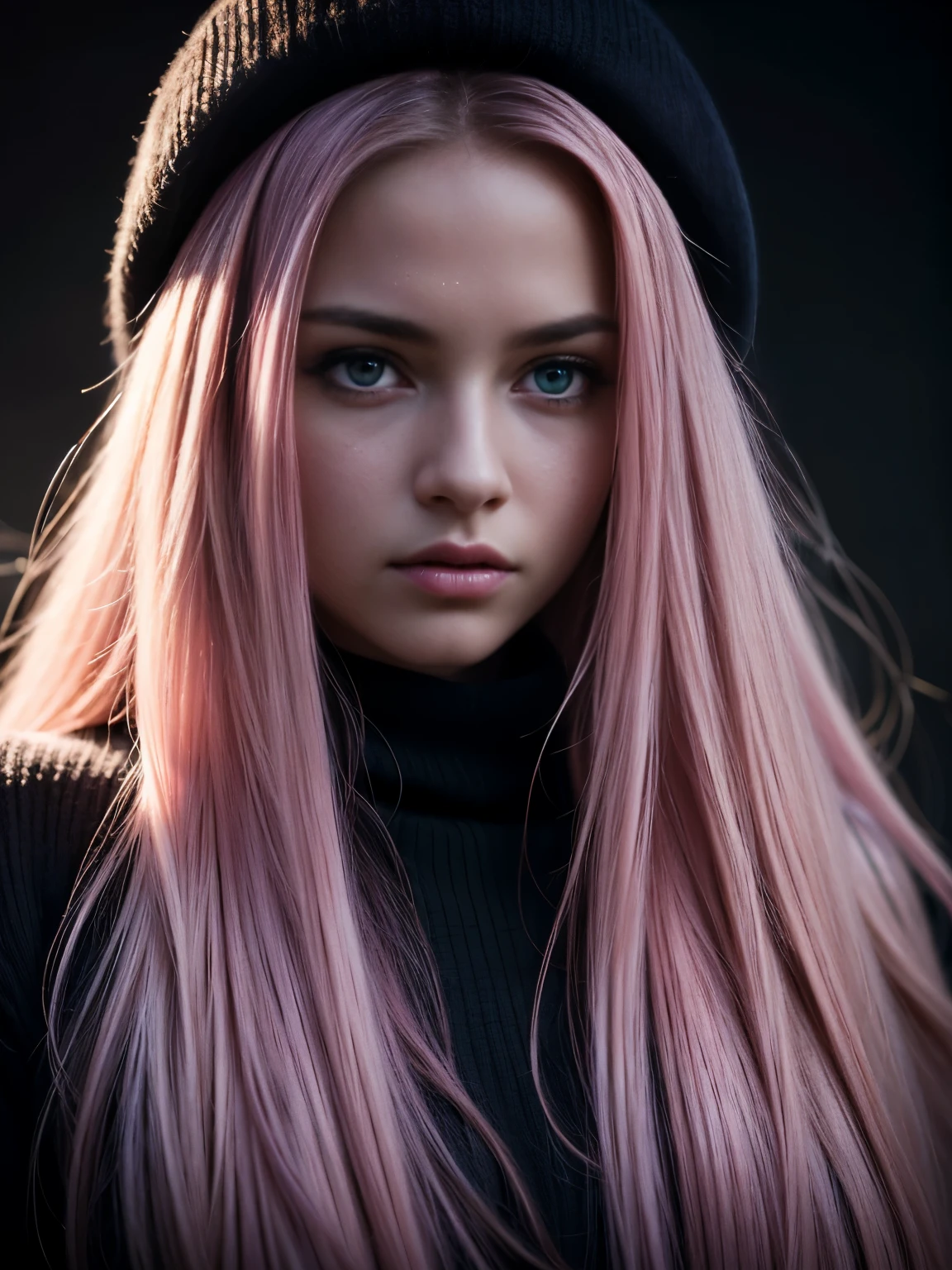 Best quality, masterpiece, ultra high res, (photorealistic:1.4), raw photo, 1girl, long hair, pink hair, detailed eyes and face, black sweater, dynamic lighting, in the dark, deep shadow, low key, cowboy shot