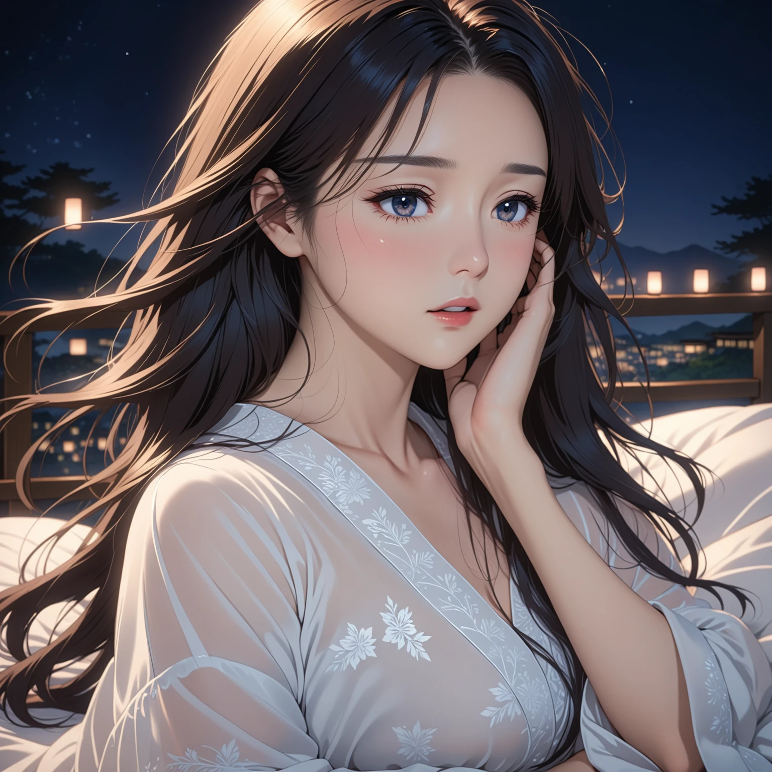 masterpiece, High resolution, illustration, kyoto animation style, cinematic style, night, midnight, Light, (1 female: 1.3), (alone: 1.4), long eyelashes, long hair, hair blowing, nose blushing, futon, sexy, sensual, transparent nightdress, mid breasts, face close-up, hide with hands, full gorgeous body view.