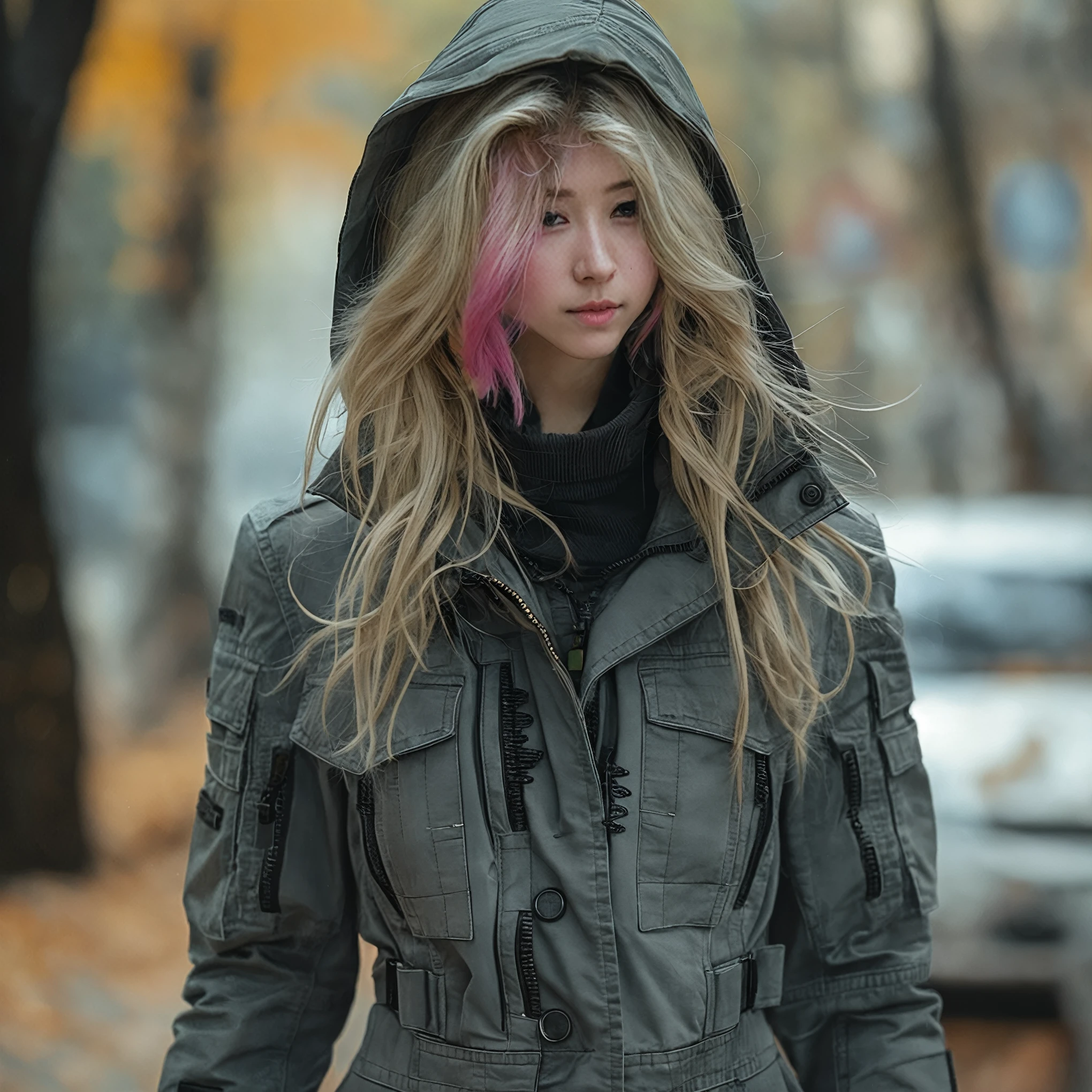young pink hair woman, hold hand on the forrest