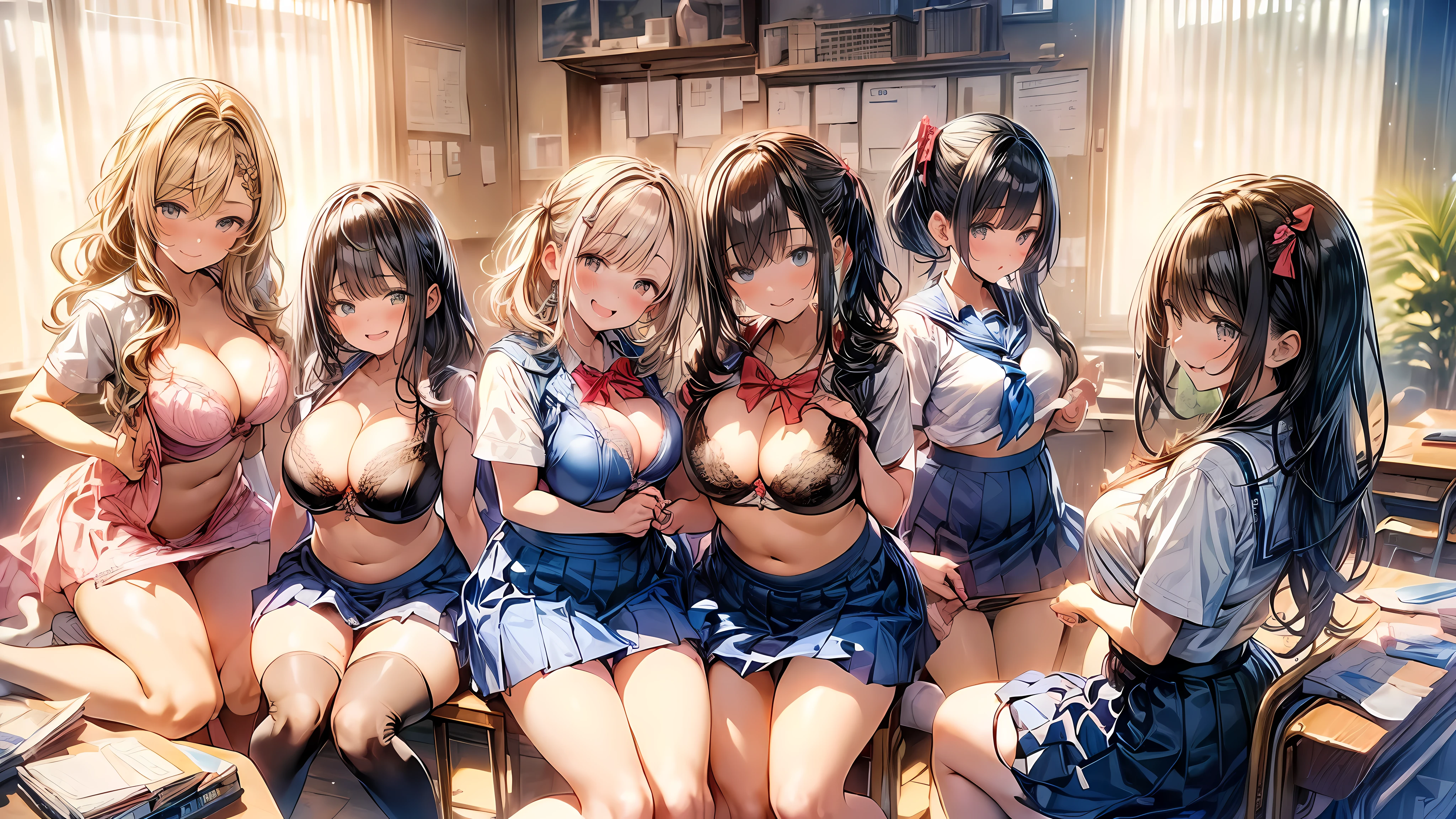 nswf:1.3,(masterpiece: 1.2, highest quality, masterpiece, Clearer images), (Bright colors), ((Take clear photos even from a distance)), (multiple girls), (Harem), (School classmates), (((All school uniforms have the same design))), (((Everyone is wearing the same navy blue skirt))), (()), ((prostitution woman)), (Prostitution Accommodation, on the bed), (cute Japanese((6 girls))), (((infant'f, ((group shot)), (group selfie), wide angle, soft light, ((((laugh with your mouth wide open)))), (slightly larger breasts), ((prostitution)), (lure), ((viewers love it)), (((A lot of hearts are flying))), Landscape、(((show panty:1.6)))、((((M spread legs:1.4)))、((female masturbation:1.8))、((breast grab:1.3)),(((bra lift:1.2)))、one eye closed、stick out one's crotch