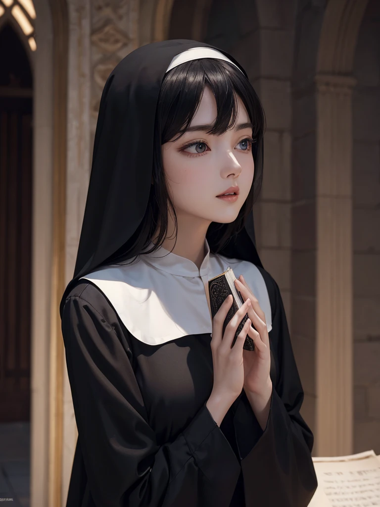 Sexy nun black robe,church background,The face holding the Bible and studying it in detail,The delicate eyes are ethereal and dreamy,gentle,HD ultra-detail,best quality,Super detailed,Actual lighting art visual effects movie scene lighting effects master works