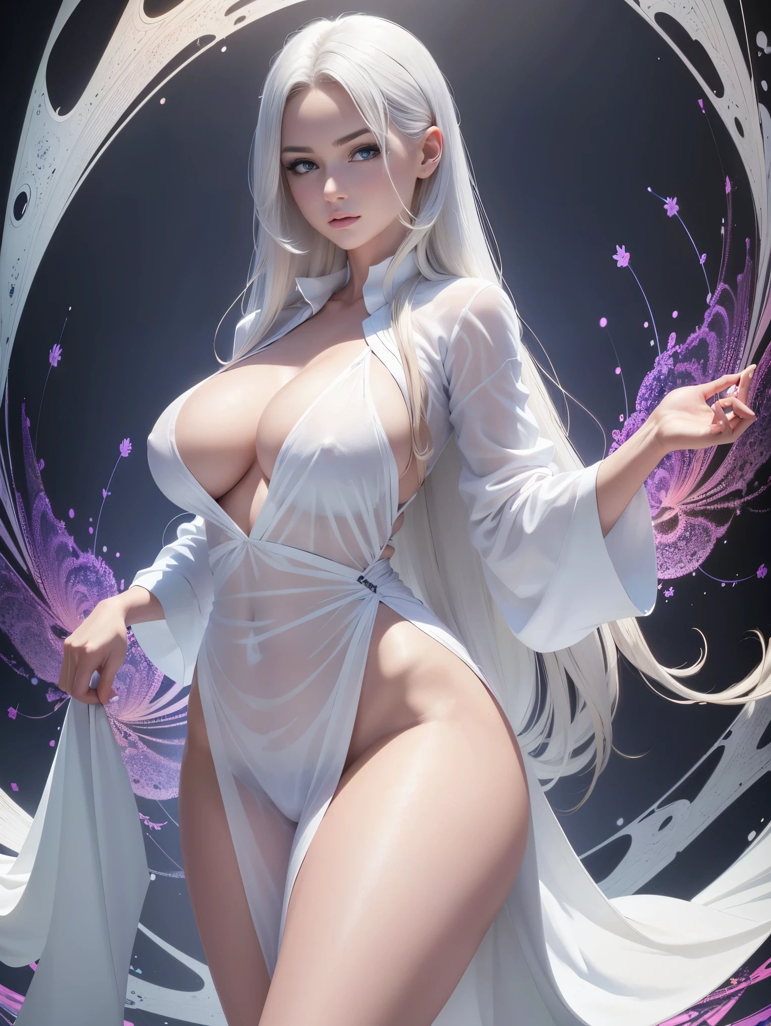 an ultra hot gorgeous European woman, age 23, random hair color ,she’s a playmate, men magazine model. dressed in ((long white shirt)), full body portrait, ((background colorful fractal wallpaper)) 8k resolution, photography quality, walking, studio shot, photo realistic, Perfect anatomy, perfect hair, perfect breast, perfect body, perfect hands, perfect face, perfect eyes, accurate, anatomically correct, perfect clear and crisp focus, UHD, masterpiece,