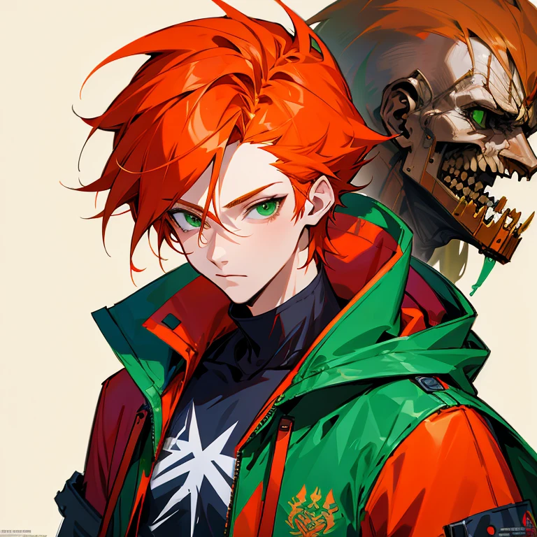 (masterpiece, best quality:1.2), Concept art  , human Male, punk Clothings , Orange  hair  ,Red hoodie, ((Green eyes))