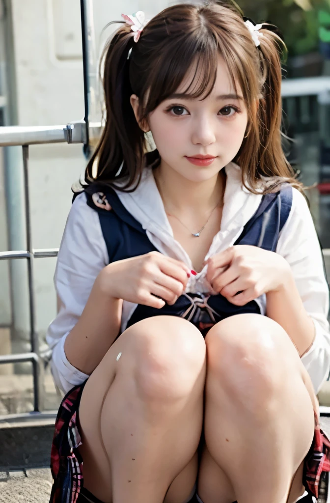 1 beautiful young girl, very beautiful detailed face, smile shyly, deep cleavage:0.8), (oversized full zip hoodie), (Gray Tartan Check Pleated Skirt), (knee high boots), (garter belt), (break), (Lift the hem of the skirt with your hands:1.3), (Pull up the skirt with your hands:1.3), (lace panties, show panties), (detailed face:1.2), Symmetrical detailed eyes, high quality, realistic, very detailed CG integrated 8k wallpaper, very detailed, High resolution raw color photos, professional photography, realistic portrait, cinematic light, beautiful, Super detailed, advanced details, (((Bokeh))), Depth of written boundary,Draw so that the crotch cloth of the white underwear is visible....., blonde, twin tails, Japanese , Japanese gal, t高いs open, smile, spread your legs, turned into slime, lying down, squat, I can see your pants, Skirt flip, short skirt, Pants visible from skirt, ace fabric underwear, Japanese sailor suits、The king's figure can be seen through his ribboned trousers..'transparent clothes.、Pants fully visible、The clothes are fluffy、My blouse button came off, showing off her panties, Cleavage visible from the blouse,My nipples are transparent, Panties look nice, Underwear with a small area,string panties, Angle from feet, angle from below, Angle looking up from below, micro lingerie,White cotton fabric underwear, show off your crotch, White cotton fabric underwear,