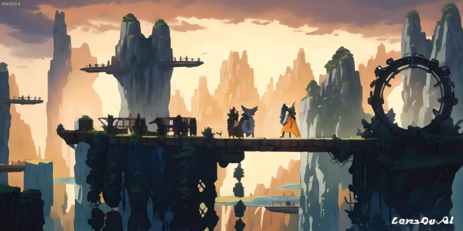 HIGH RESOLUTION IMAGE of a man and a woman on a bridge, estilo ANIME, detailed Arte digital de fantasia 2D, Arte digital de fantasia 2D, fantasy magic concept art 2d, Krenz Cushart e Wenjun Lin, Arte conceitual 2D, explorers of the ruins at dusk, Atey Ghailan 8K, arte detalhada do jogo, FUNDO COM MUITAS MONTANHAS, CLOUDLESS SKY, , ESTILO ANIME