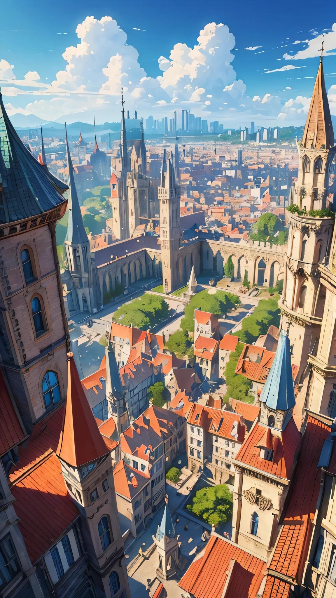 Aerial view of a sprawling medieval fantasy cityscape, bustling markets, intricate buildings, and charming houses set against a backdrop of fluffy clouds and a clear blue sky. Vertical orientation, detailed illustration, high stylization. a traveler looks at the city from the top of the hill