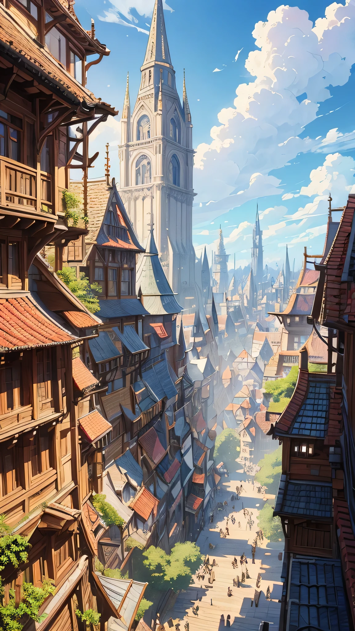 Aerial view of a sprawling medieval fantasy cityscape, bustling markets, intricate buildings, and charming houses set against a backdrop of fluffy clouds and a clear blue sky. Vertical orientation, detailed illustration, high stylization. a traveler looks at the city from the top of the hill