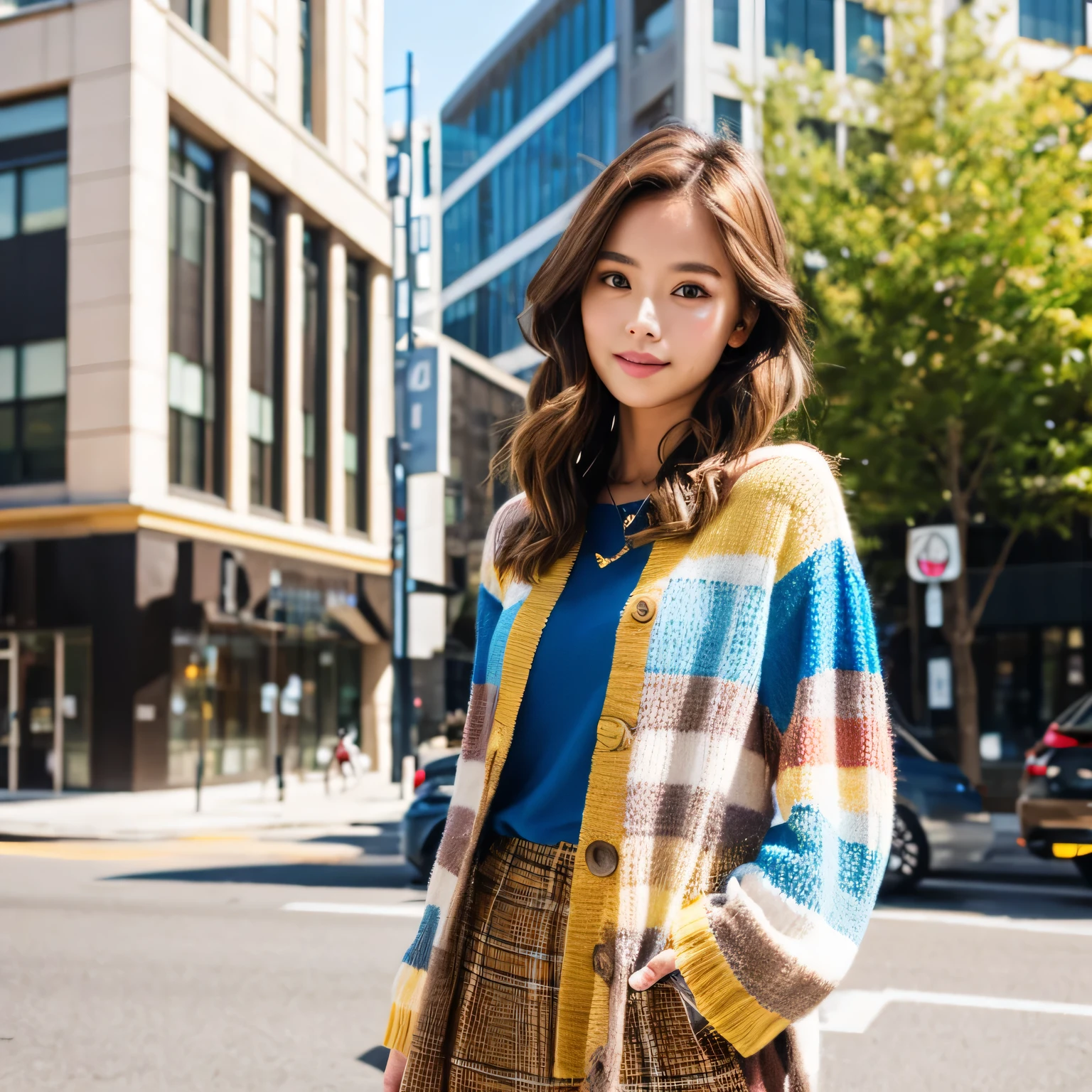 Beautiful girl, brown hair, medium-long, blue and gold heterochromia、Gal-style clothes, stylish downtown