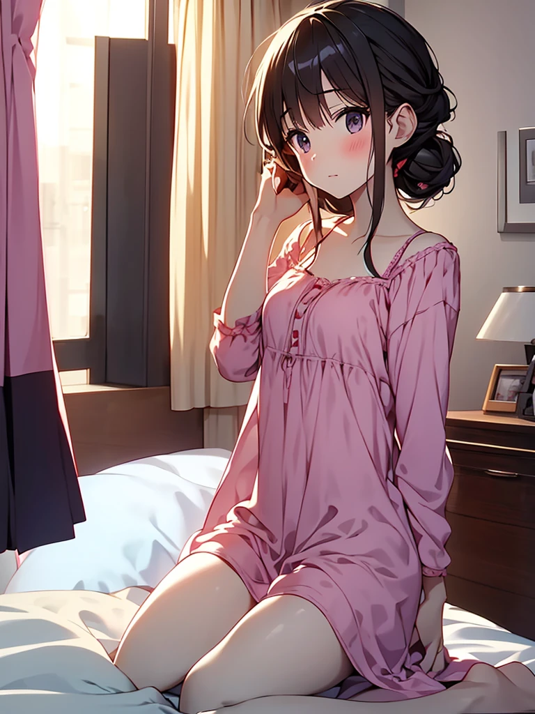 A cute girl in a nightgown talking on the phone from her cute room in anime quality