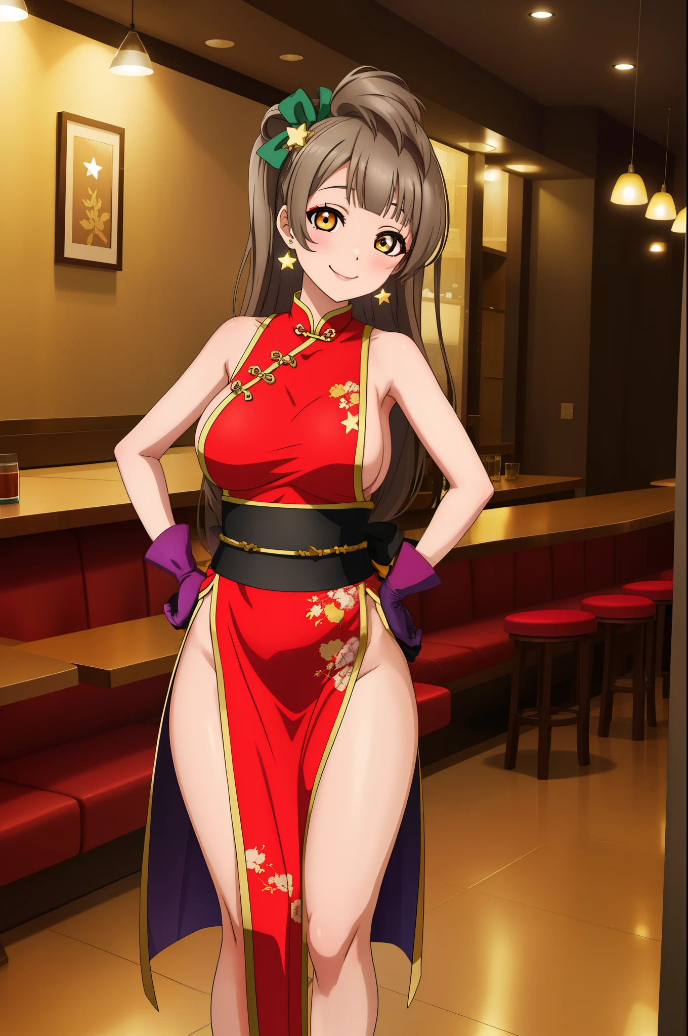 Minami kotori, cowboy shot,solo, breasts, looking_at_viewer, smile, large_breasts, gloves, dress, bare_shoulders, jewelry, standing, thighs, earrings, shorts, sleeveless, alternate_costume, fingerless_gloves, bent over, star_(symbol), hands on hips, sash, v, sideboob, makeup, halterneck, chinese_clothes, short_dress, red_dress, brooch, gem, side_slit, star_hair_ornament, purple_gloves, star_earrings,in restaurant , bottomless ,thicc thighs