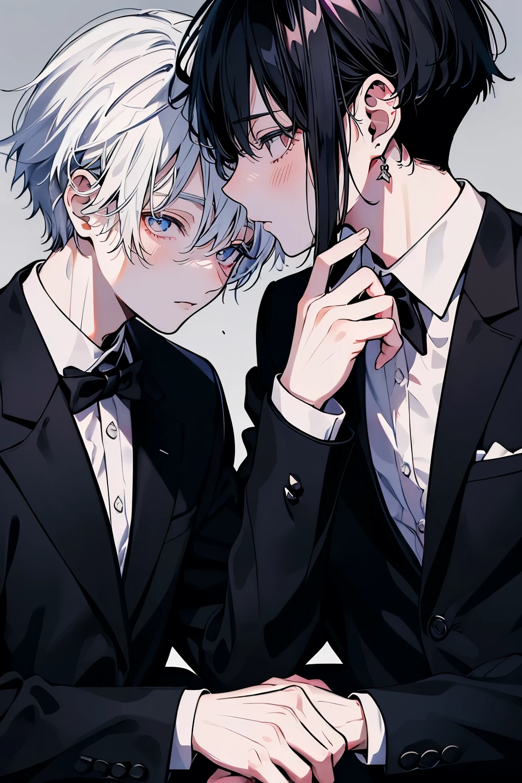(muste piece), (best quality), very detailed, ((two men intimate)), perfect face, beautiful face, very detailed顔,(black haired man:1.3),(white haired man:1.3),suit,shirt