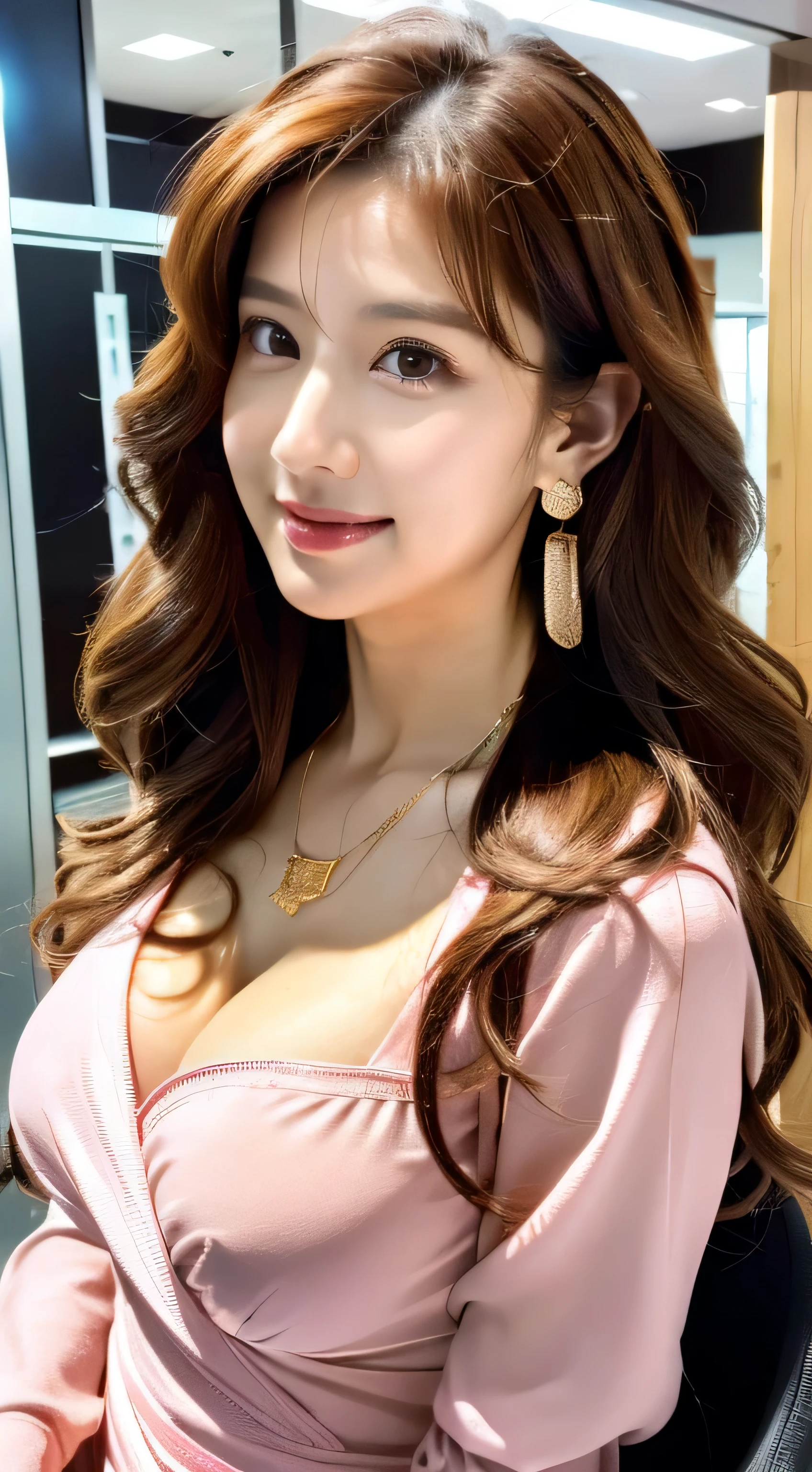 lzzang-6500-v1.1、(Raw photo:1.2)、(photogenuine)、beautiful details、(genuine:1.4)、big breasts、big breasts、very detailedな目と顔、Dense and beautiful eyes、standing in the office、(Pink mini wrap dress、long sleeve、:1.2)、(Super genuine pantyhose、high heels)、huge file size、High resolution、very detailed、highest quality、[masterpiece:1.6]、figure、very detailed、nffsw、finely、highest quality、8k wallpaper、lighting for movie shooting、1 milf、43 years old、 perfect body shape、Cute droopy eyes、beautiful eyes、pick finger、((table top))、highest quality、1 milf、eye shadow、portrait、((full body shot:1.4))、((Super long brown hair:1.4))、(loosely wavy hair:1.3))、((very bright:1.3))、((gold necklace_big earrings:1.2))