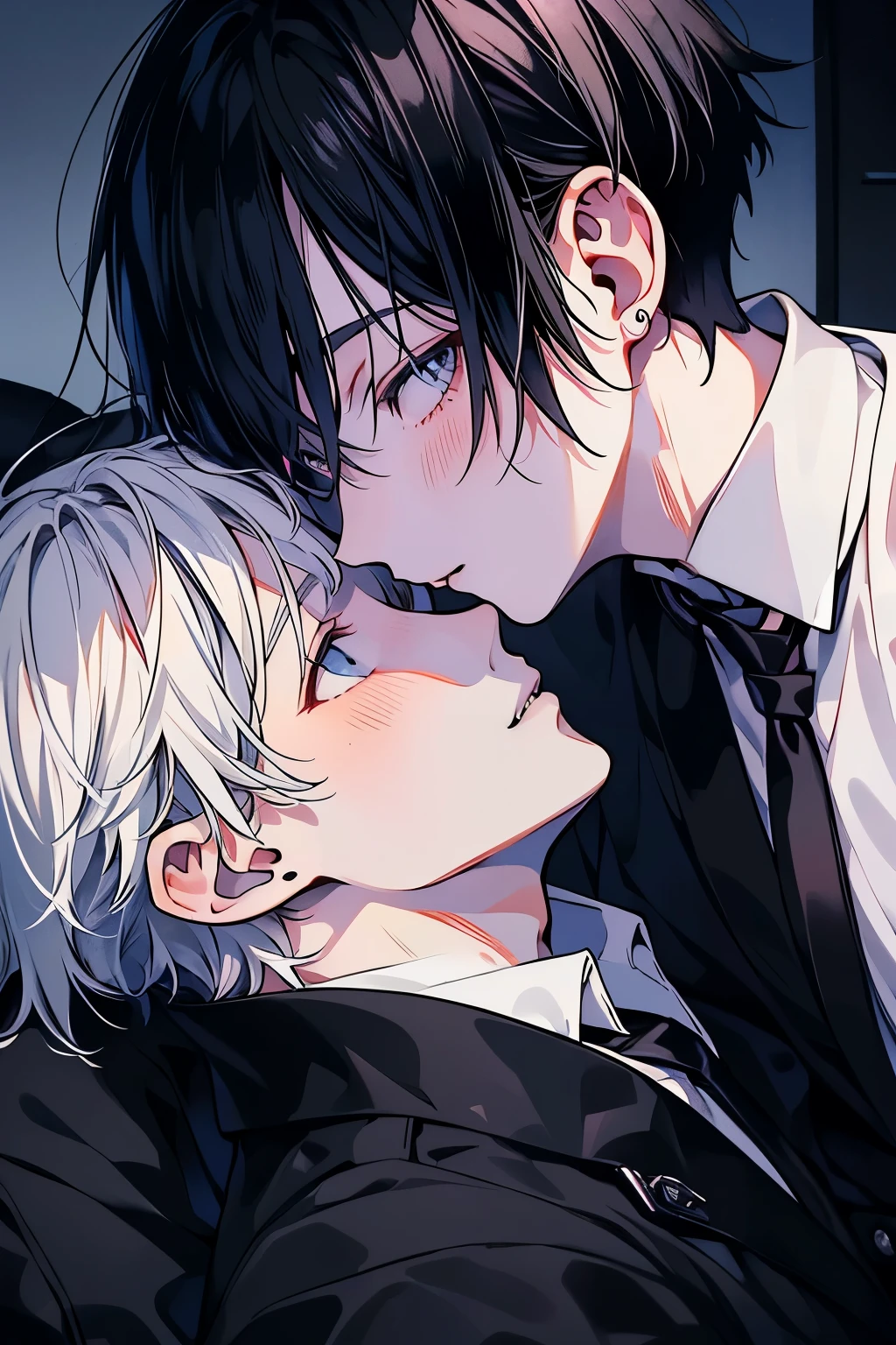 (muste piece), (best quality), very detailed, ((two men intimate)), perfect face, beautiful face, very detailed顔，(black haired man:1.3)，(white haired man:1.3)，suit，shirt