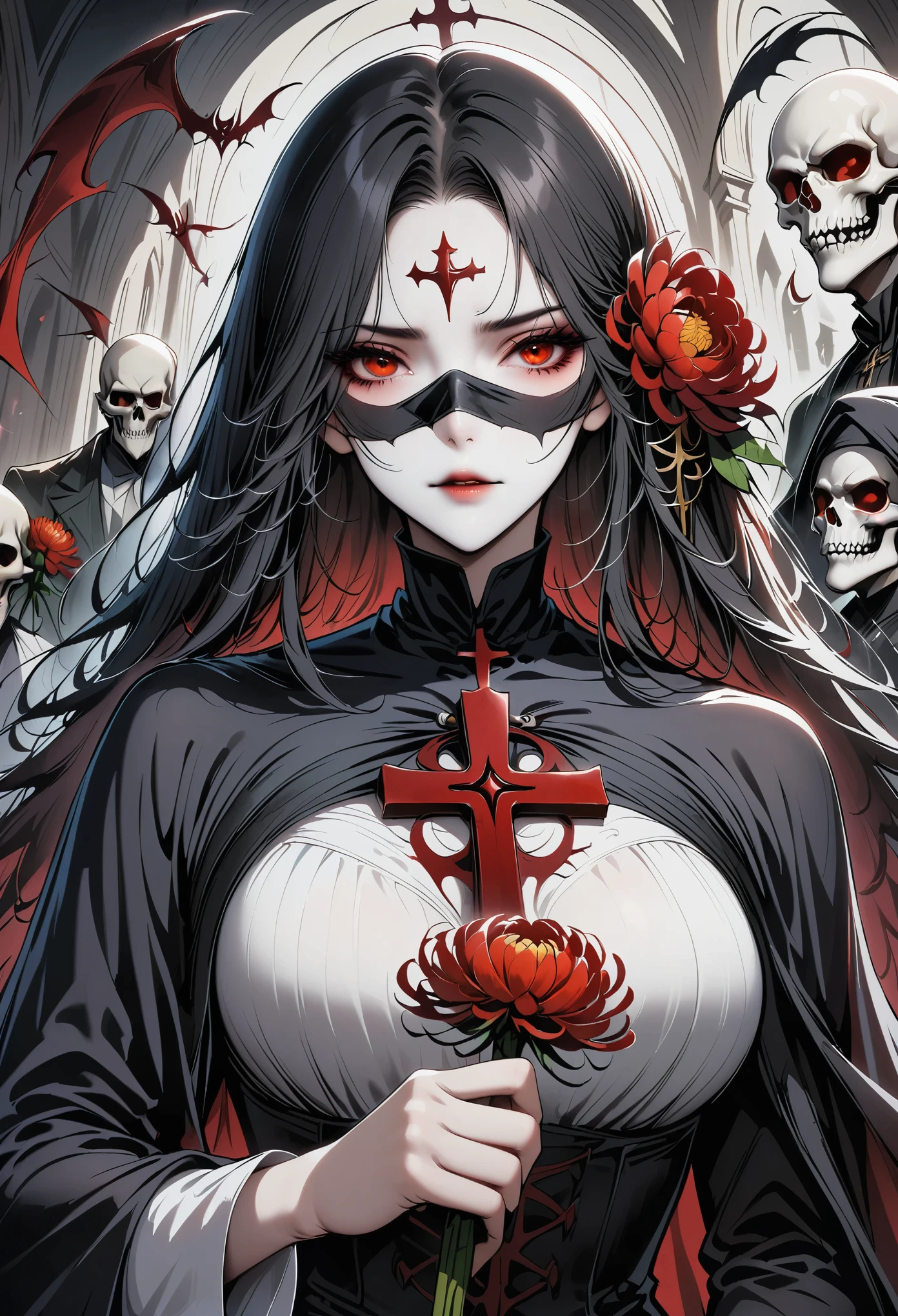 (best quality,4K,8K,high resolution,masterpiece:1.2),（（（Giant cross：1.37））），Demon Nun，Hooded black robe，The nun and the skeleton godfather in the church，bloody,red lily,red chrysanthemum,flame,Light.