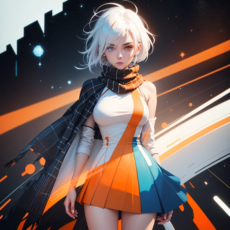 Abstract surreal colorful simple painted full body woman, spikes hair, adult body, blue eyes, tartan scarf, ((white/orange wear)), (white hair by atey ghailan:1.15), sexy pose, black-orange Blood fountain in Outer space, made of lines, vertical lines, mphasis effect, moire effect, Precise and realistic technique, tangy details