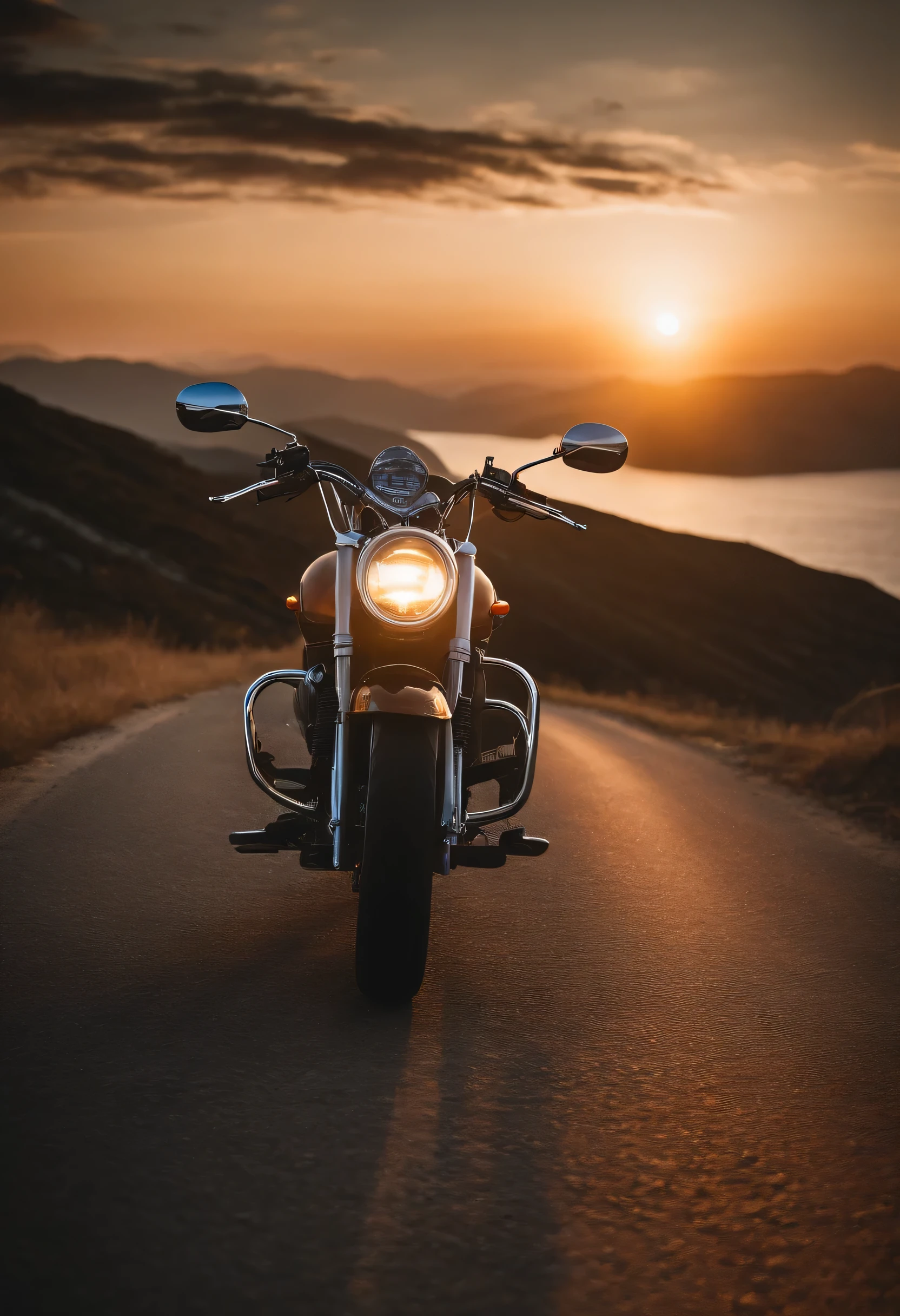 Some motorcyclists ride their motorcycles on a winding road between the mountains by the sea towards the sun. Sunset with cloudy sky.