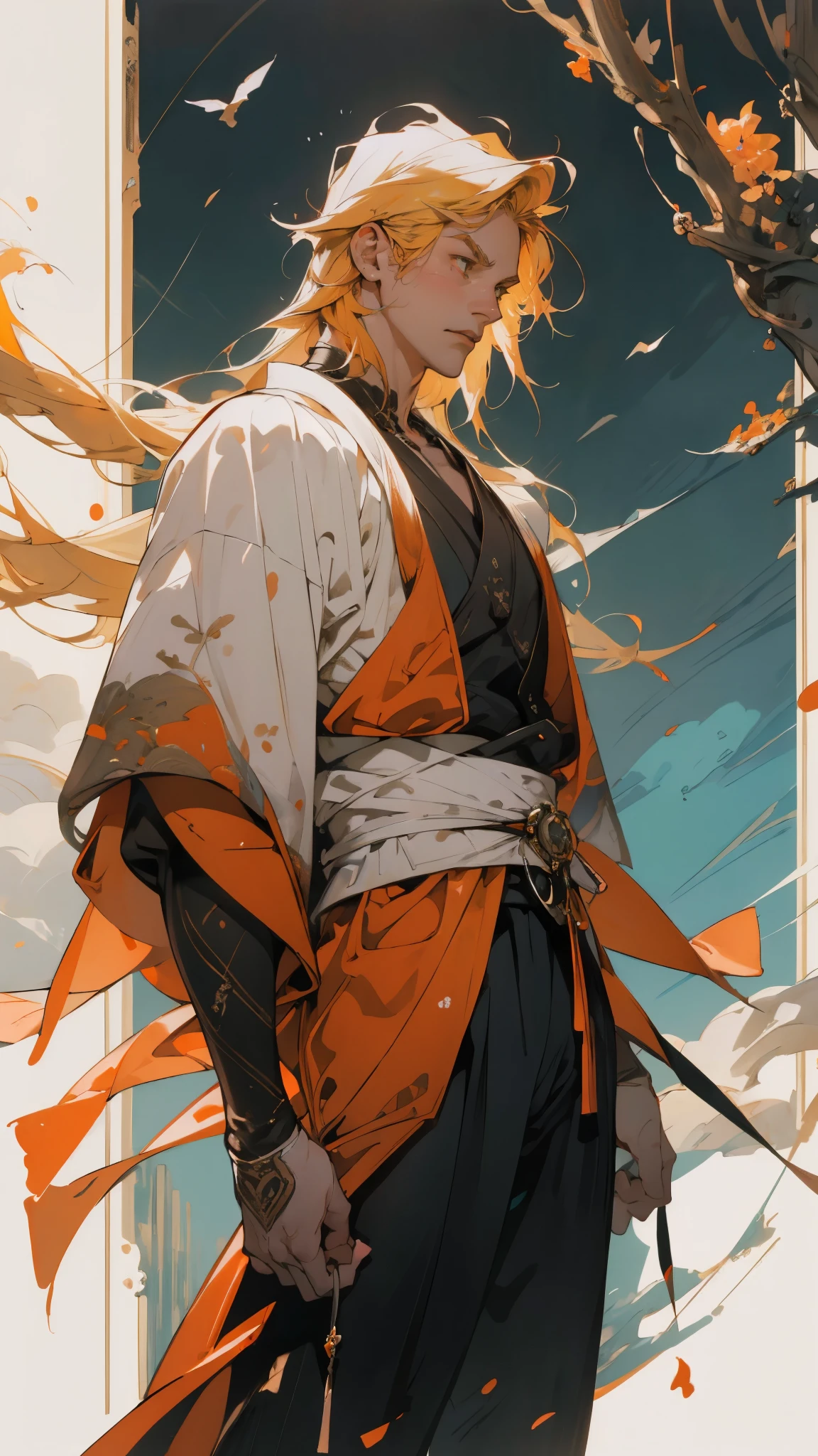 A man with short orange-yellow hair, messy hair ends, middle part long bangs, orange-yellow eyebrows, a furrowed brow, a focused gaze, a fantasy martial arts-style black-purple long robe with an openwork design revealing a plain undershirt, long sleeves, a satin sash belt, loose fabric trousers, he lifts his hand and bows his head in contemplation, set within a surreal room that melds fantasy and sci-fi elements, this character embodies a finely crafted fantasy martial arts-style feng shui master in anime style, exquisite and mature manga art style, high definition, best quality, highres, ultra-detailed, ultra-fine painting, extremely delicate, professional, perfect body proportions, golden ratio, anatomically correct, symmetrical face, extremely detailed eyes and face, high quality eyes, creativity, RAW photo, UHD, 32k, Natural light, cinematic lighting, masterpiece-anatomy-perfect, masterpiece:1.5