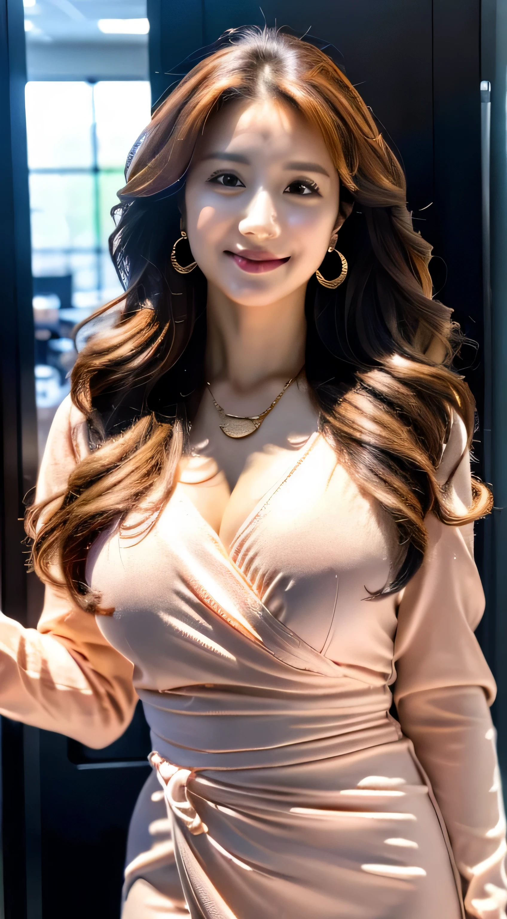  (Raw photo:1.2), (Photorealsitic), Beautiful detailed, (Real: 1.4), ighly detailedな目と顔, beatiful detailed eyes, Standing in the office、(Ultra-realistic pantyhose、high-heels)、huge filesize, hight resolution, ighly detailed, top-quality, [​masterpiece:1.6], illustratio, ighly detailed, nffsw, finely detail, top-quality, 8k wallpaper, Cinematographic lighting, 1 milf, 43 yeas old, perfect body type, Cute sagging eyes,Beautiful big eyes、Pieckfinger, ((masutepiece)), Best Quality, 1 milf, eye shadow, Portrait, ((FULL BODYSHOT:1.4))、(Very affectionate smile:1.2)、((Brown-colored super long hair:1.2))((Loose and wavy hair:1.3))((Gold Necklace＿large earring:1.3))Pleated skirt with many checked folds、Flashy orange and white printed dress,