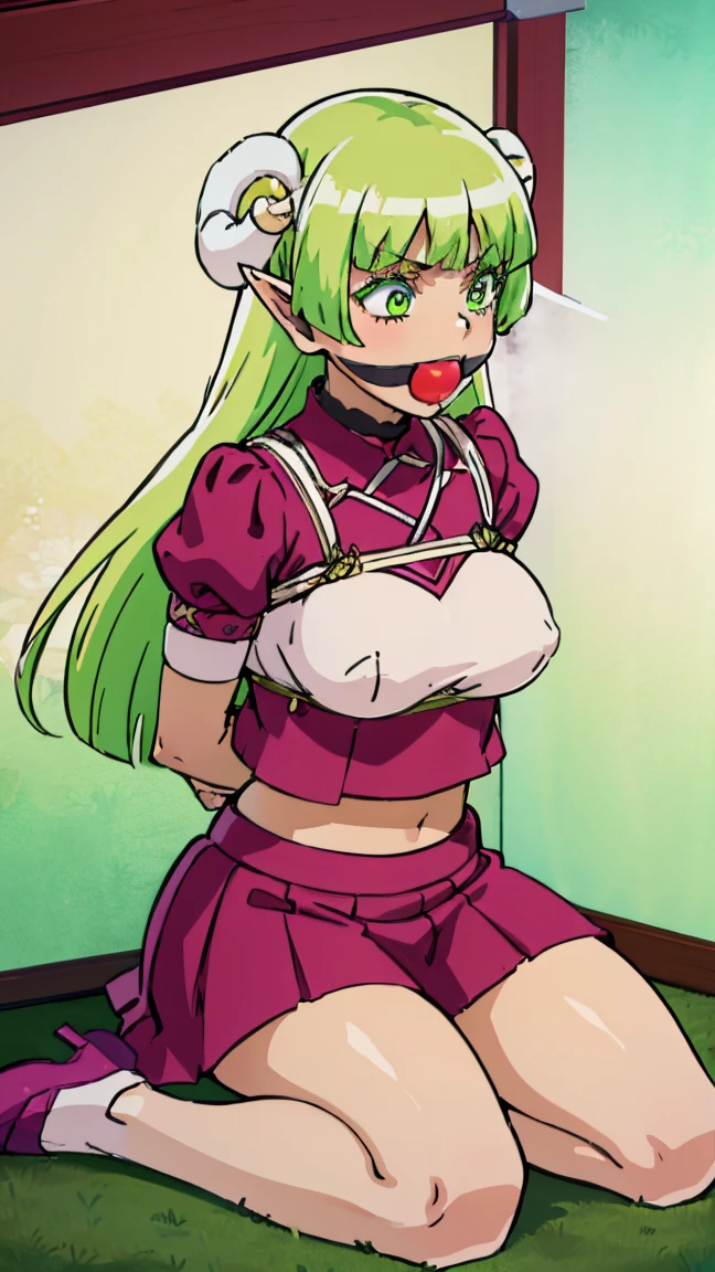 valac clara, green hair, long hair, green eyes, horns, pointy ears, , serafuku, pink skirt, green footwear, slippers, frown, tetas gordas, muslos gordos, amordazado, esclavitud shibari, manos y brazos atados, Fist-shaped hand, bdsm, Arms tied behind the back, arms behind the back, Arms tied behind the back, muslos atados, patas atadas, amordazado, brazos atados, arms behind the back, de frente, mordaza de bola, bdsm,esclavitud, amordazado, sitting position, kneeling position, in the room, mordaza de bola color roja, gag de correas, viendo hacia el espectador, looking towards the camera, shrimp position, babear, babeando, saliva en la gag, basement, sonrojada, en celo, patas atadas, pies atados, labios pintados de color rojo, tirar, mano acariciando la cabeza, piernas abiertas, piernas atadas, globos de texto,  ((3 speech bubble + Habla flecha (symbol)+ burbuja + signos de exclamacion dentro de una burbuja de texto )), recuadros de texto, exitada, en celo, sonrojada