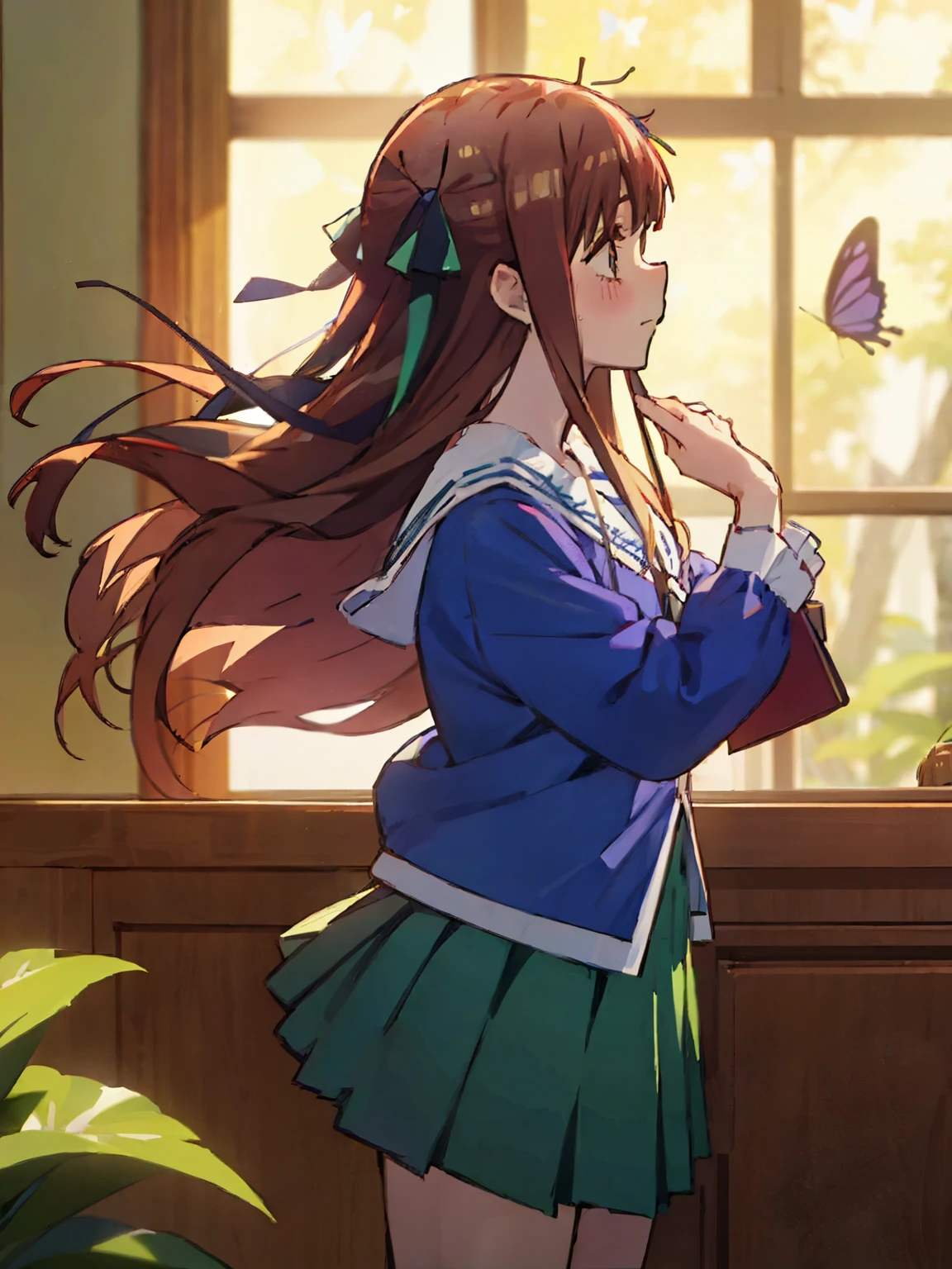 Tohru honda dressed up as Nino nakano, 4k, green pleated skirt, long brown hair, butterfly hairclips, perfect fusion