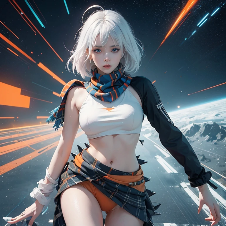 Abstract surreal colorful simple painted full body woman, spikes hair, adult body, blue eyes, tartan scarf, ((white/orange wear)), (white hair by atey ghailan:1.15), sexy pose, black-orange Blood fountain in Outer space, made of lines, vertical lines, mphasis effect, moire effect, Precise and realistic technique, tangy details