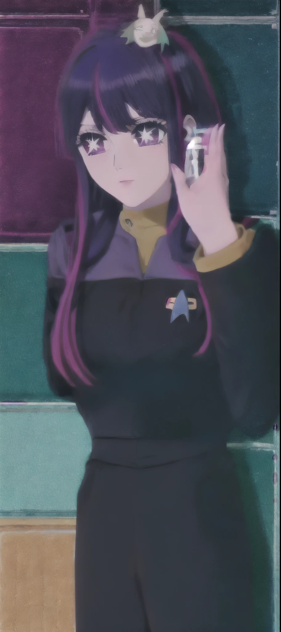 90s style Hoshino Ai, long hair, purple hair, streaked hair ,purple eyes, star-shaped pupils, hair ornament, ds9st red and black uniform ds9st teal and black uniform ds9st yellow and black uniform ds9st command ds9st operations ds9st science